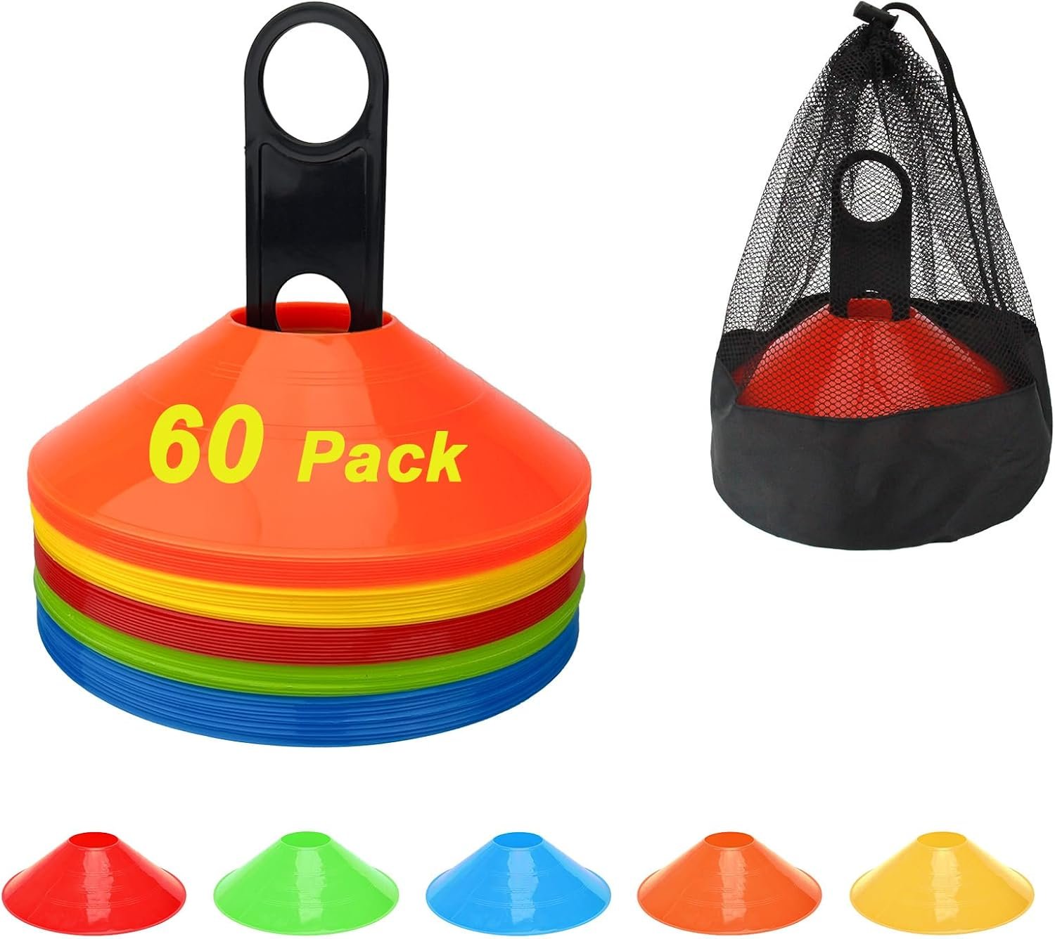 Soccer Cones for Sports Training Disc Cones Include Carry Bag and Holder | Flexible and Durable, Eye-Catching Colors; Comes with A Storage Bag and Rack; for Ball Sports Training And Party Games