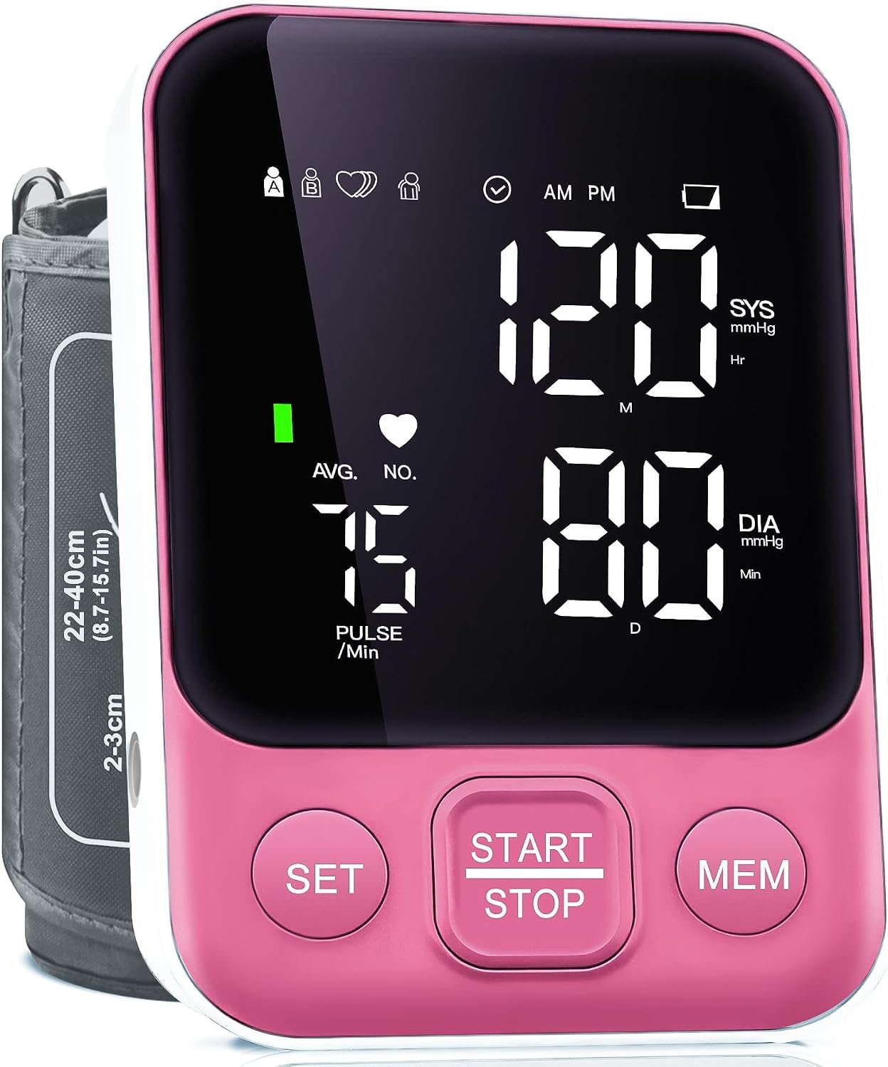 Oklar FDA Cleared Blood Pressure Monitor Upper Arm BP Machine for Home Use | Clinical Accuracy, 2×120 Memory, Large LED Display & 8.7″-15.7″ Adjustable Cuff, Dual Power for Home & Travel, Pink