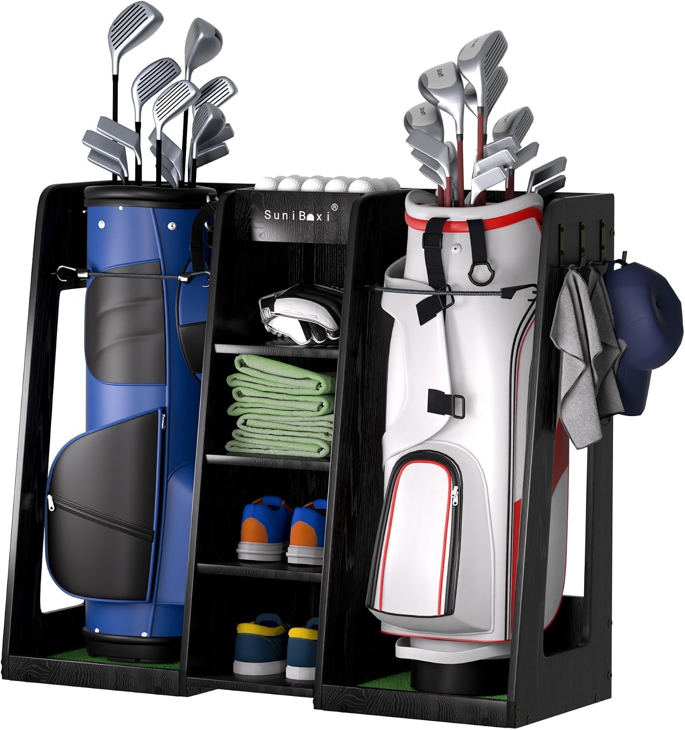 Wooden Golf Storage Organizer for Garage, Premium Golf Bag Holder Rack for Golfing Accessories, Great Gift for Golfers,Husband, Dad(2 Bags,Dark Black) | Premium Golf Bag Holder Rack, For Golfing Accessories, Great Gift for Golfers, Husband, Dad