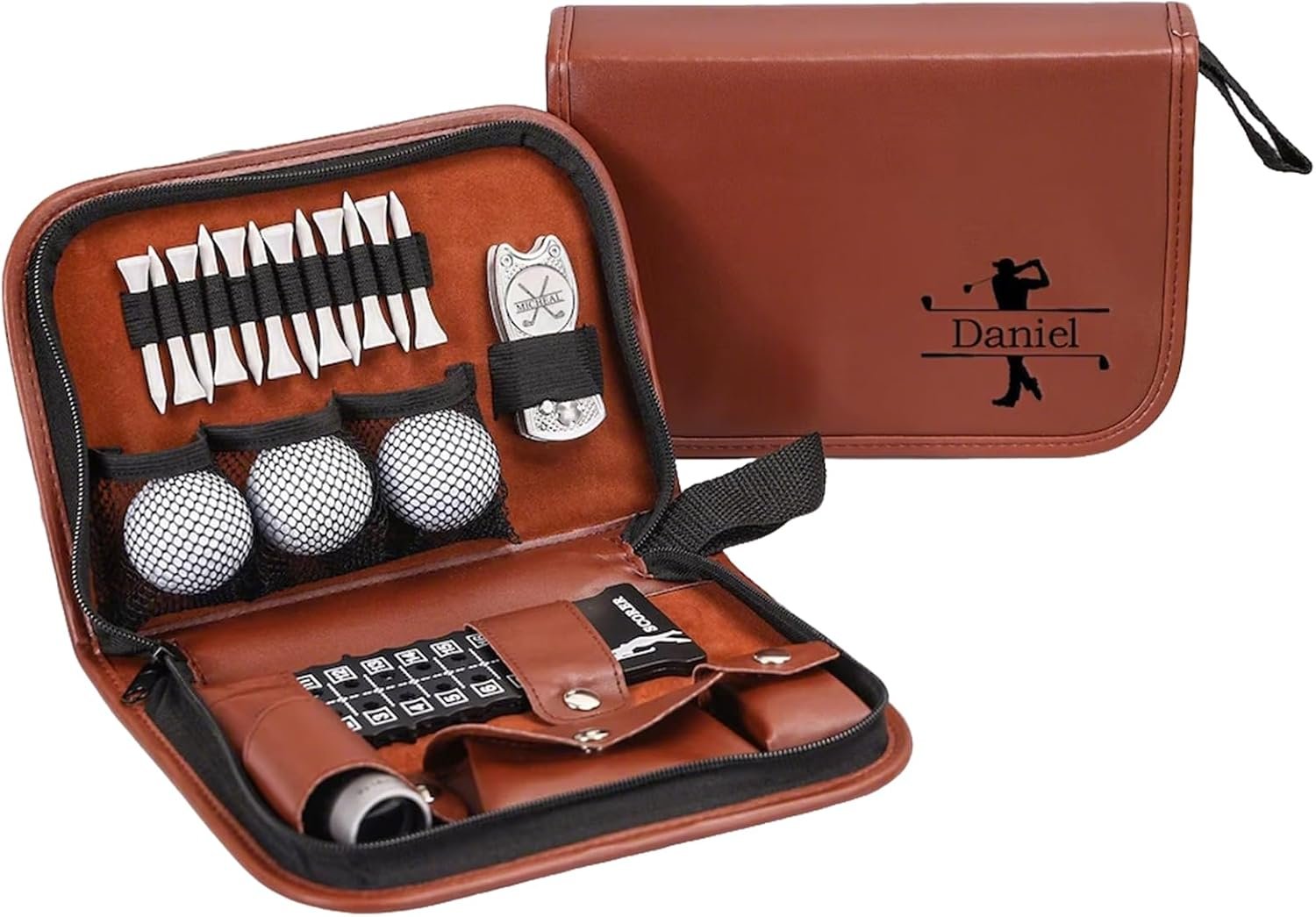 Personalized Golf Accessories Kit for Men with Hi-End Case, Golf Balls, Rangefinder, Golf Tees, Brush, Multifunctional Divot Knife, Scorer Golf Lover Gift for Him