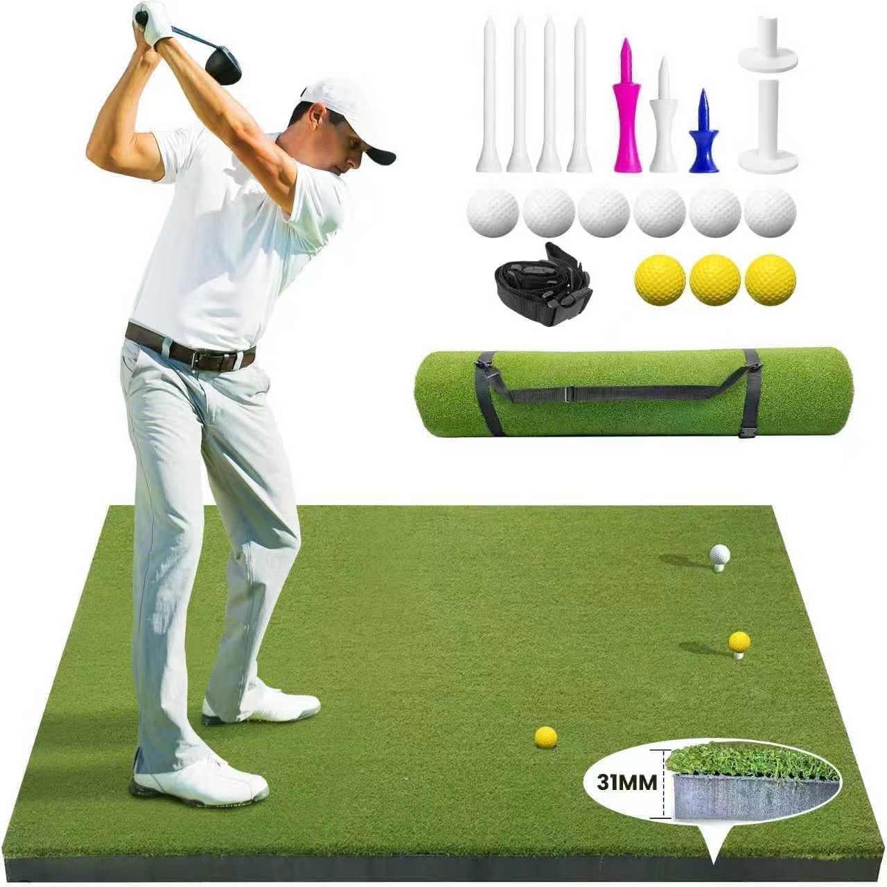Golf Hitting Mat 5x4ft, 31mm Golf Chipping Mat Artificial Turf Practice Mat with 9 Tees, Durable EVA Backing for Indoor | Outdoor Driving, Chipping & Swing Training，with Carrying Case