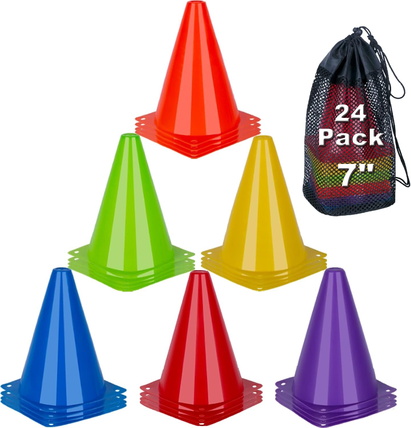 7 Inch Soccer Cones, 24 Pack Cones Sports Training Agility Field Marker Plastic Cones for Skating Basketball Football Practice Drills, Indoor Outdoor Activity Events Games Obstacle Course – 6 Colors