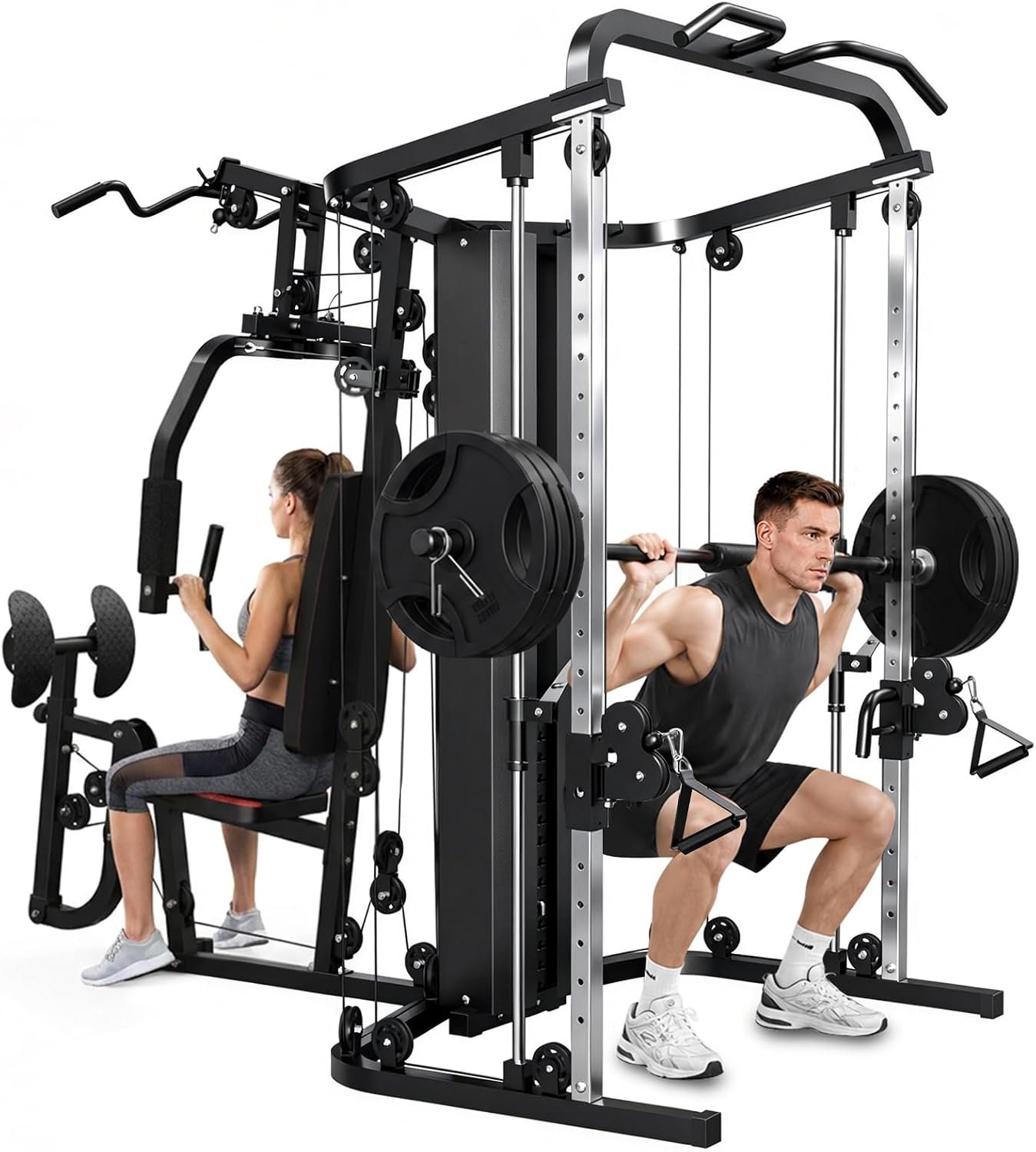 SunHome Multifunction Home Gym Equipment Workout Station, Smith Machine with 138LB Weight Stack, Leg Press, LAT Station for Full Body Training