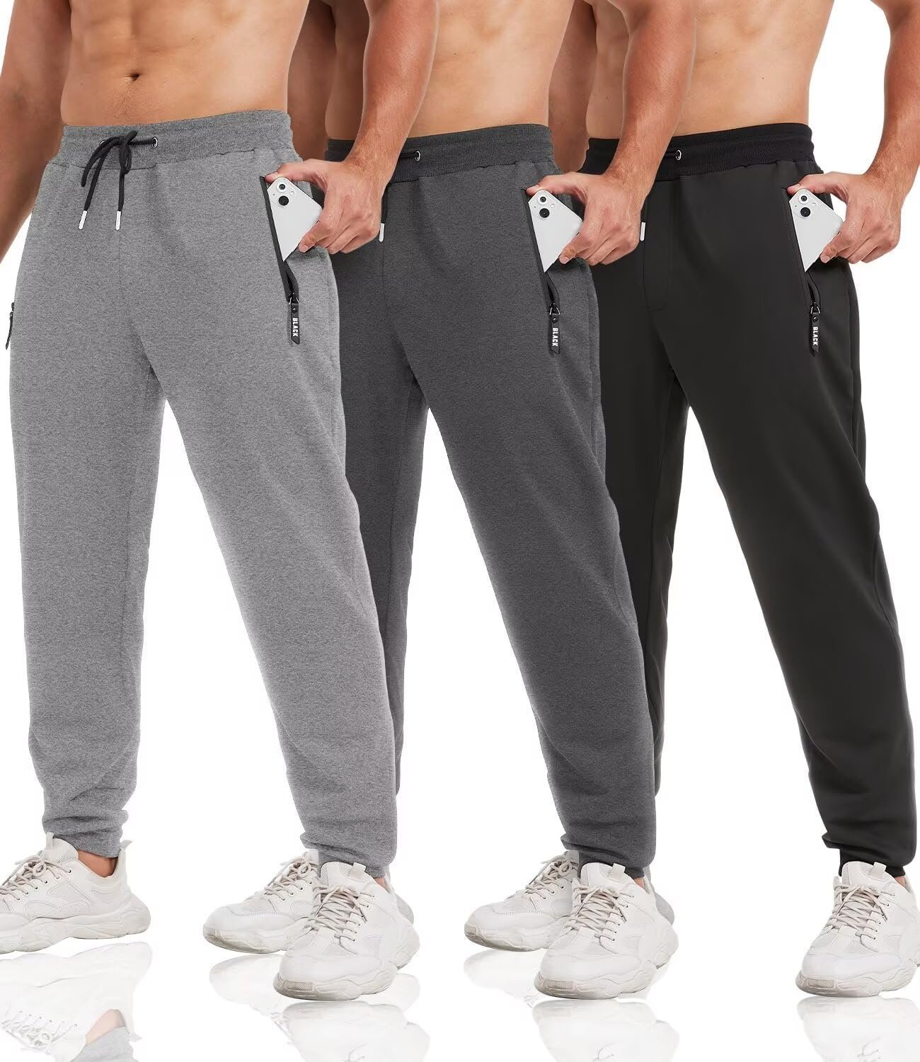lomsoe 3 Pack Sweatpants for Men Tapered Mens Joggers Pants with Zip Pockets Slim Fit Running Gym Sweat Pants