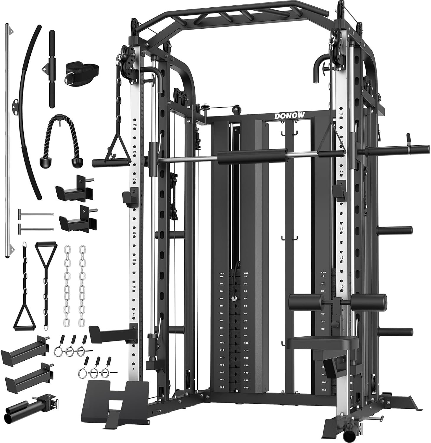 Smith Machine with Weight Stacks Home Gym System Cable Crossover | Multi Function, All in One, Heavy Duty, Lat Pulldown Bench, Hip Thrust Attachment, Smooth Smith Bar and Cable System