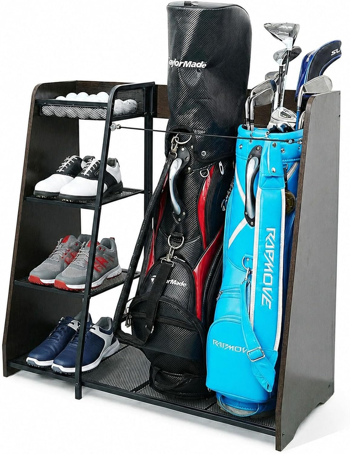 Golf Bag Storage Organizer for Garage Holds 2 Golf Bags | Wooden Rack, Easy Assembly, Golf Club Stand, Ball Storage Basket, Shoe Rack, Simulator Room, Home and Office