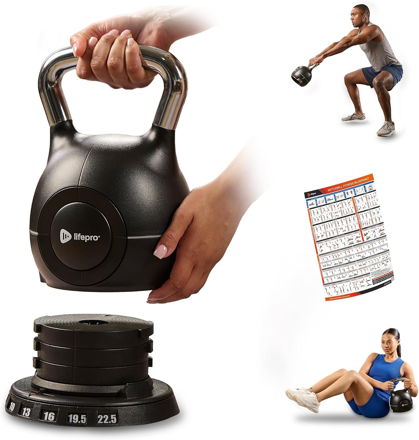 LifePro 7-in-1 Adjustable Kettlebell – PowerStone, Die-Cast Aluminum & Steel, Space-Saving Set with Handle-Twist Adjustment – Strength Training Kettlebell with Storage Base