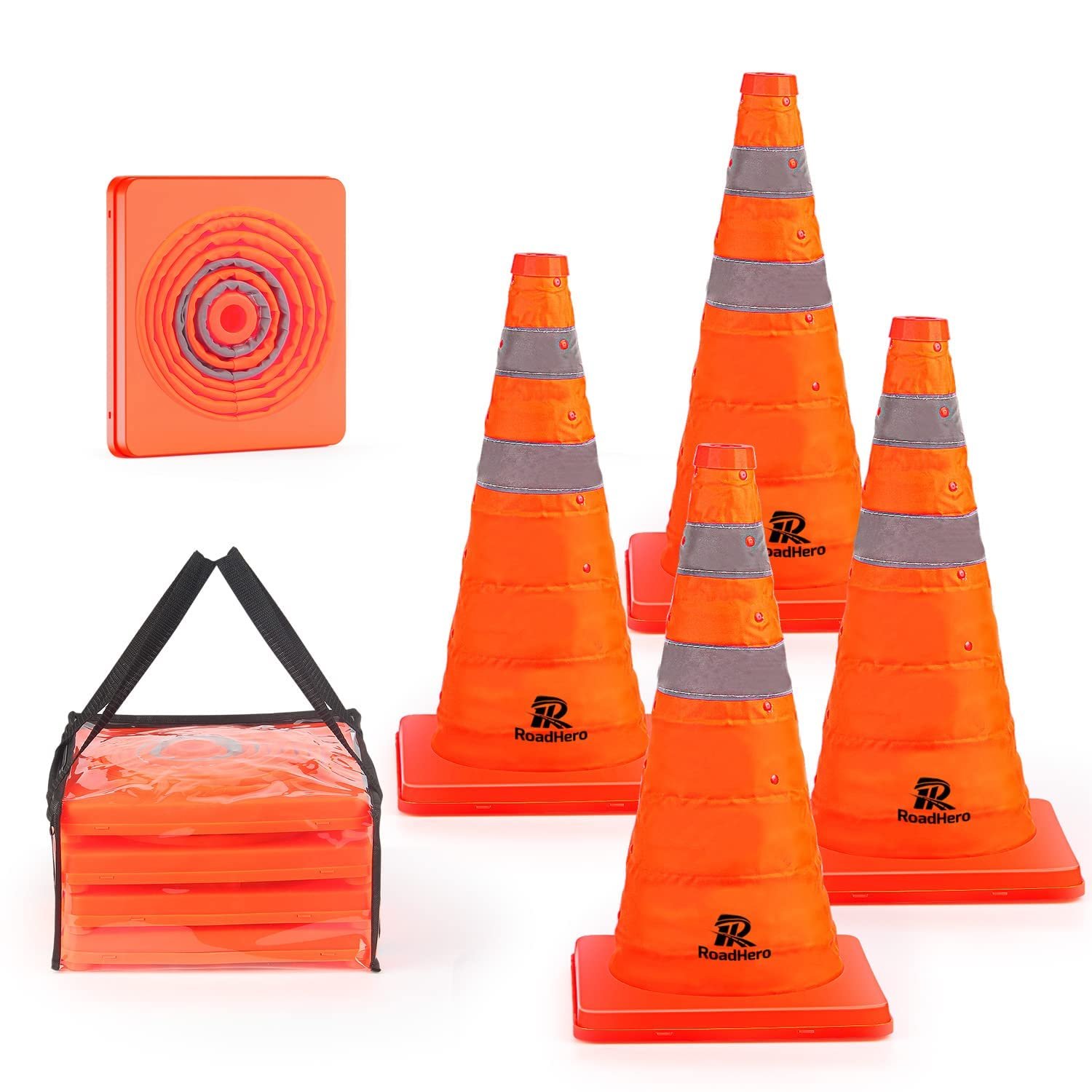 RoadHero 18 Inch 4 Pack Collapsible Traffic Safety Cones with Bag, Orange | Foldable Design for Storage, Reflective Collar Visible at Night, For Road Safety, Driving and Sport Training, Parking Lots