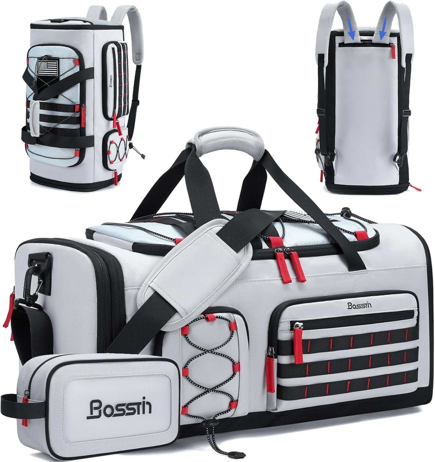 Bosstin Gym Bag for Men & Women, 45L Travel Duffle Sports Duffel Bag Gym Weekender Overnight Backpack with Shoe Compartment (Grey) | Convertible Duffel Backpack, Comes with Toiletry Bag, Shoe Compartment & Wet Pocket, for Workout, Weekender, Overnight Travel