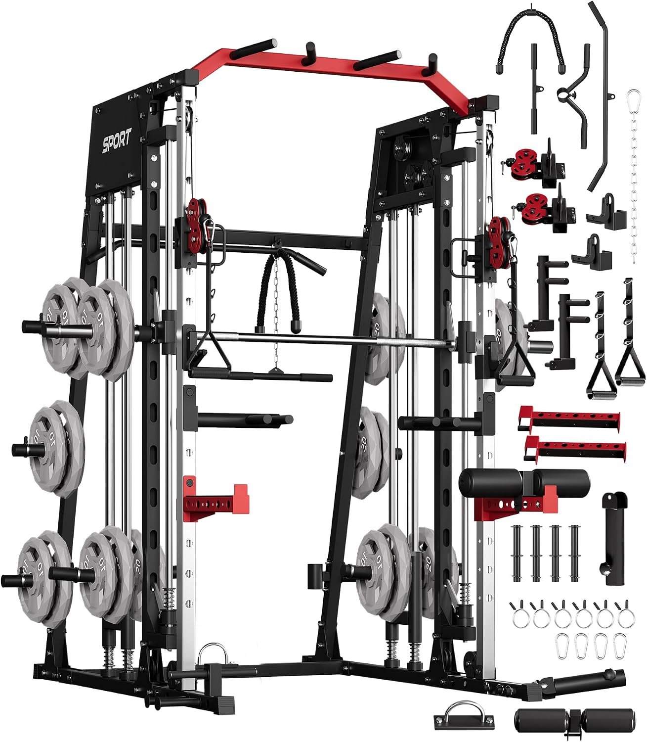 GarveeLife Smith Machine Home Gym All in One, 2200LBS Squat Rack Power Cage | With Smith Bar, Lat Pull-Down, Cable Systems, Leg Hold-Down and More Attachments, Workout Equipment (Black)