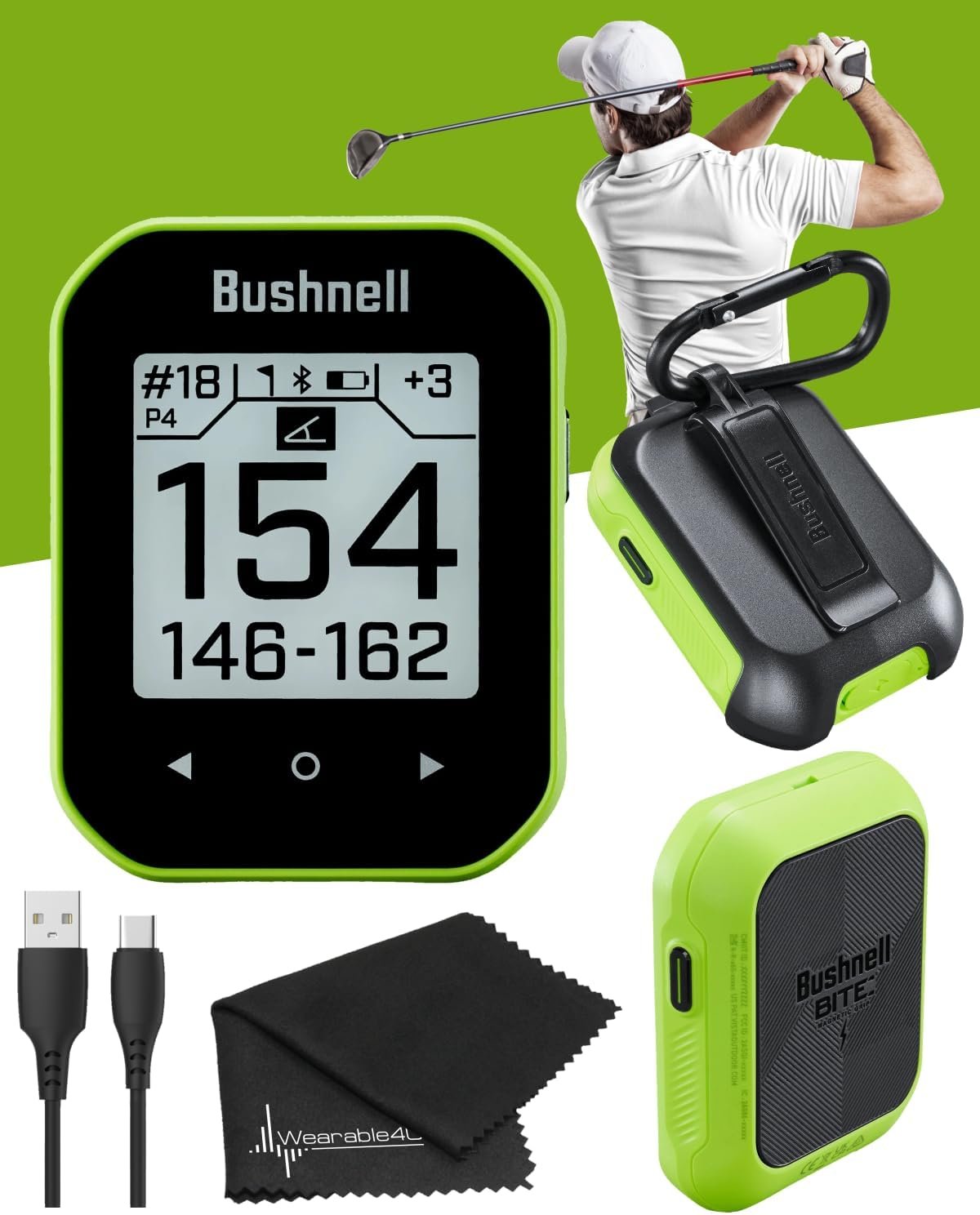 Bushnell Phantom 2 GPS Rangefinder Gray Camo with BITE Magnetic Mount and GreenView with Wearable4U Lens Cleaning Cloth Bundle