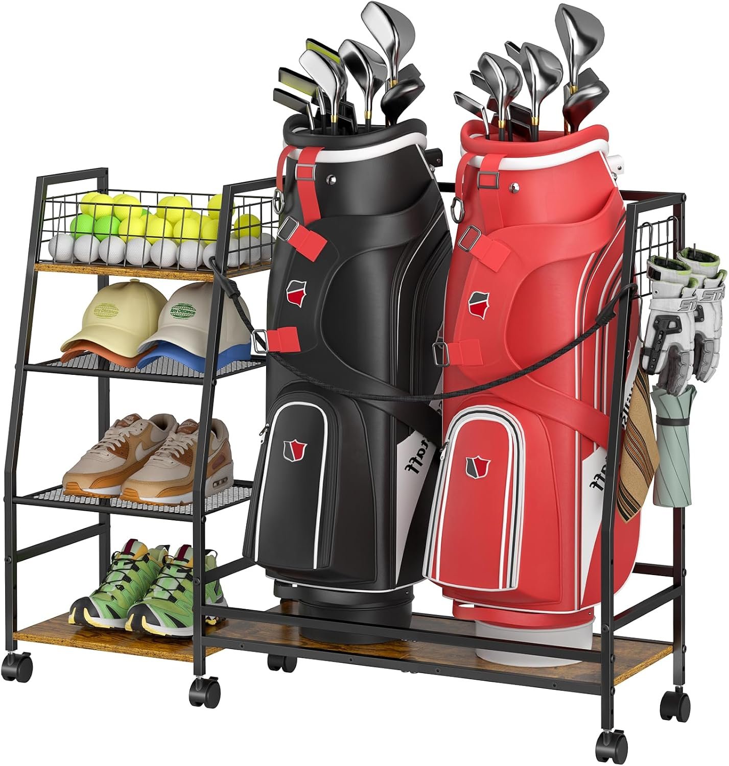DAOUTIME Golf Bag Storage Rack for Garage with Wheels, Organizer for Golf Bag and Equipment Accessories, Golf Organizer Stand Ideal for Home, Garage, Club, Shed, Basement – Sturdy and Durable (Black)