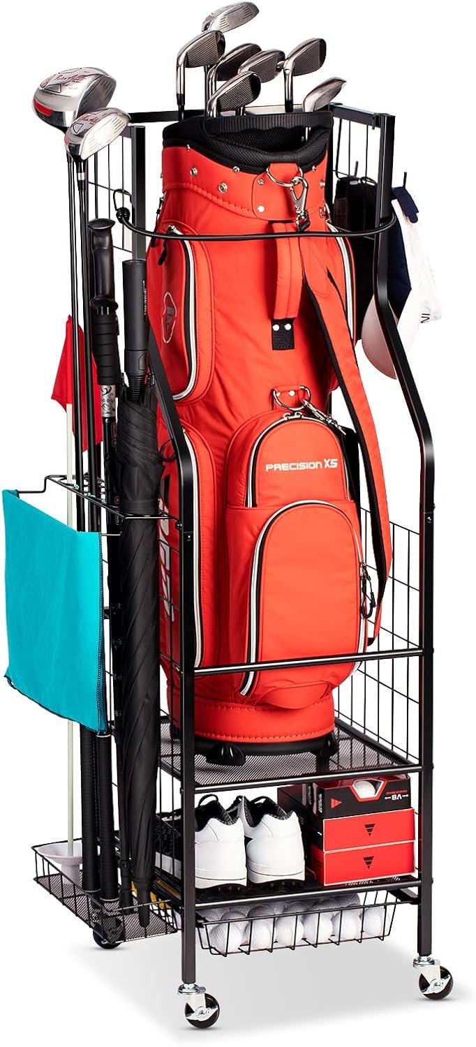FHXZH Golf Bag Storage Garage Organizer – Golf Bag Stand with Wheels | Fit Single Golf Bag, Clubs, Golf Equipment Accessories, Rolling Cart, Storage Rack For Garage, Home, Basement, Shed