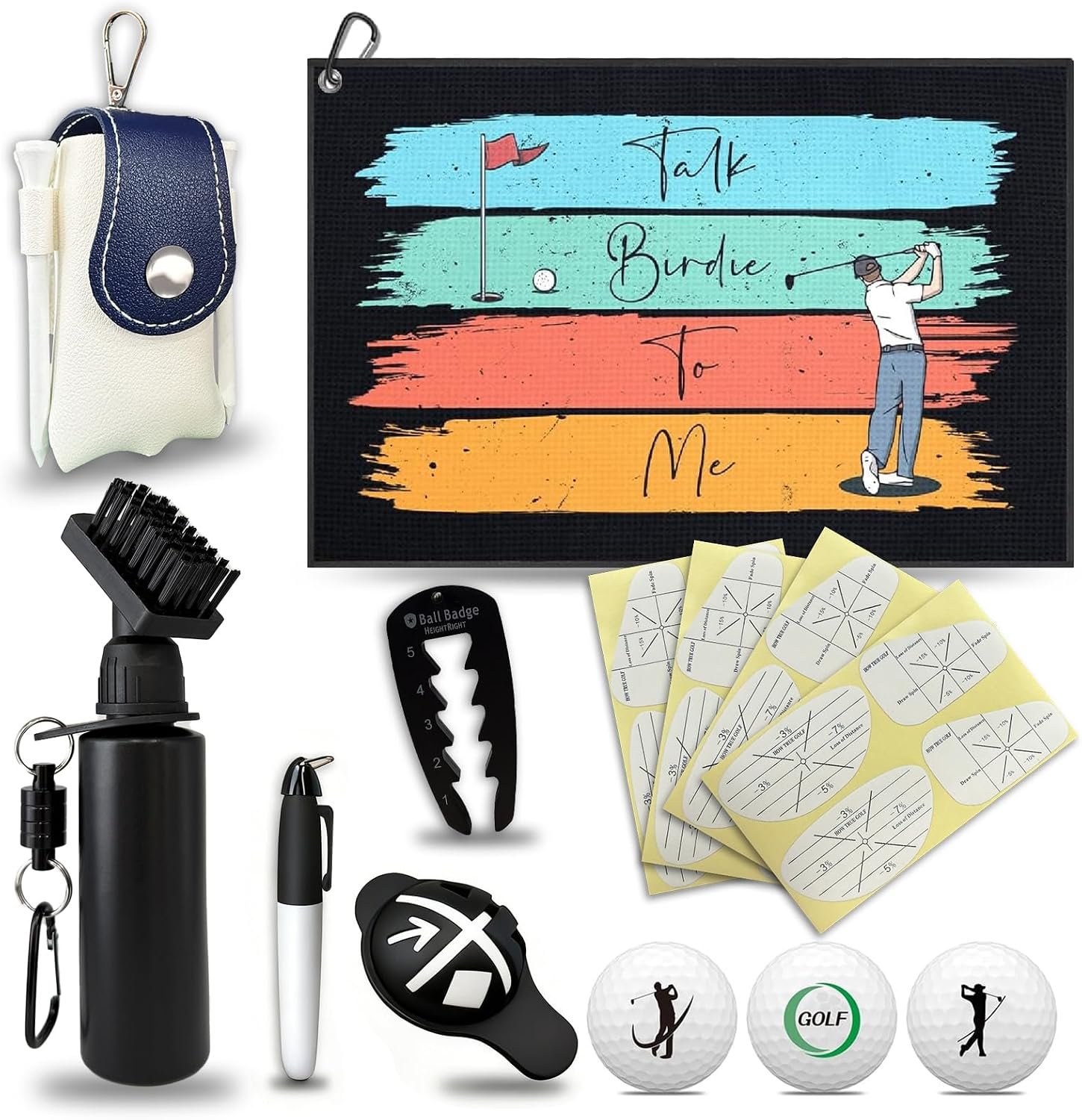 Golf Essentials Accessories Set for Men – Golf Towel, Golf Impact Stickers, Ball Marker with Pen, Cleaning Brush, Golf Balls & Tee Holder, Tee Alignment Tool – Thoughtful Golf Gift Set