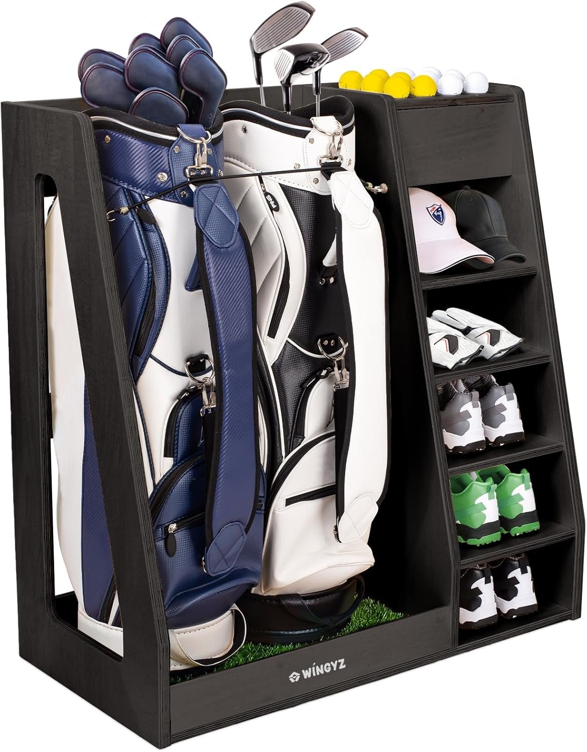 Golf Bag Storage for 2 Bags, Premium Birch Plywood Organizer | 36lb Rock-Solid Golf Bag Organizer, 7-Shelf Command Center, Artificial Turf 12-Ball Display, No Wall Mounting Required, Black