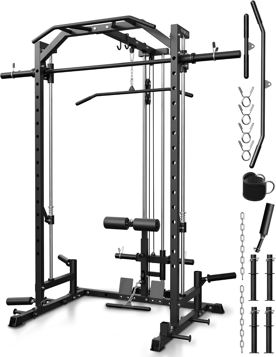 Mikolo Smith Machine Home Gym Power Cage (1:1 Ratio Strength Trainer) (Space Saving Design) (with 8 Free Attachments) Squat Rack for Full Body Training
