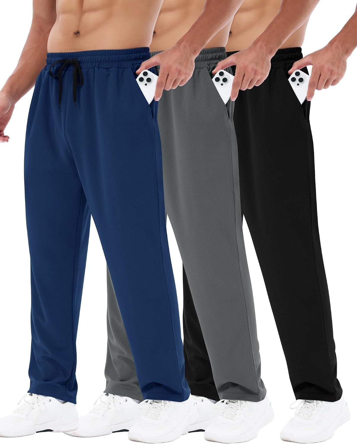 3 Pack Mens Sweatpants with Pockets – Mesh Open Bottom Athletic Joggers for Men Loose Fit Gym Workout Running Casual Pants