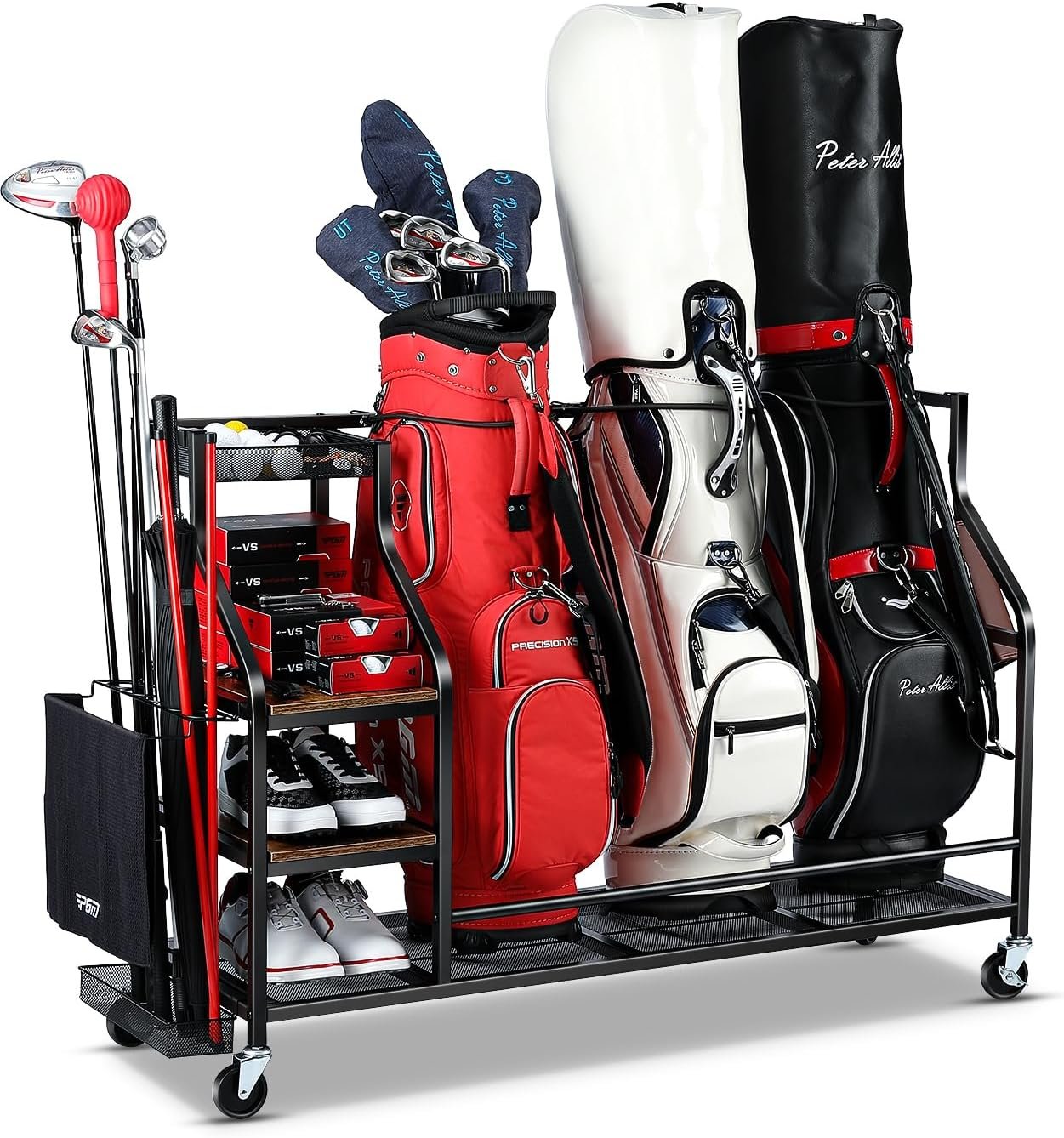 FHXZH Golf Bags Storage Garage Organizer – Golf Bag Stand with Wheels | Golf Club Bag Rack, Holder Golf Clubs, Balls, Accessories, Rolling Cart, Steel & Wood, For Garage, Home, Basement, Shed