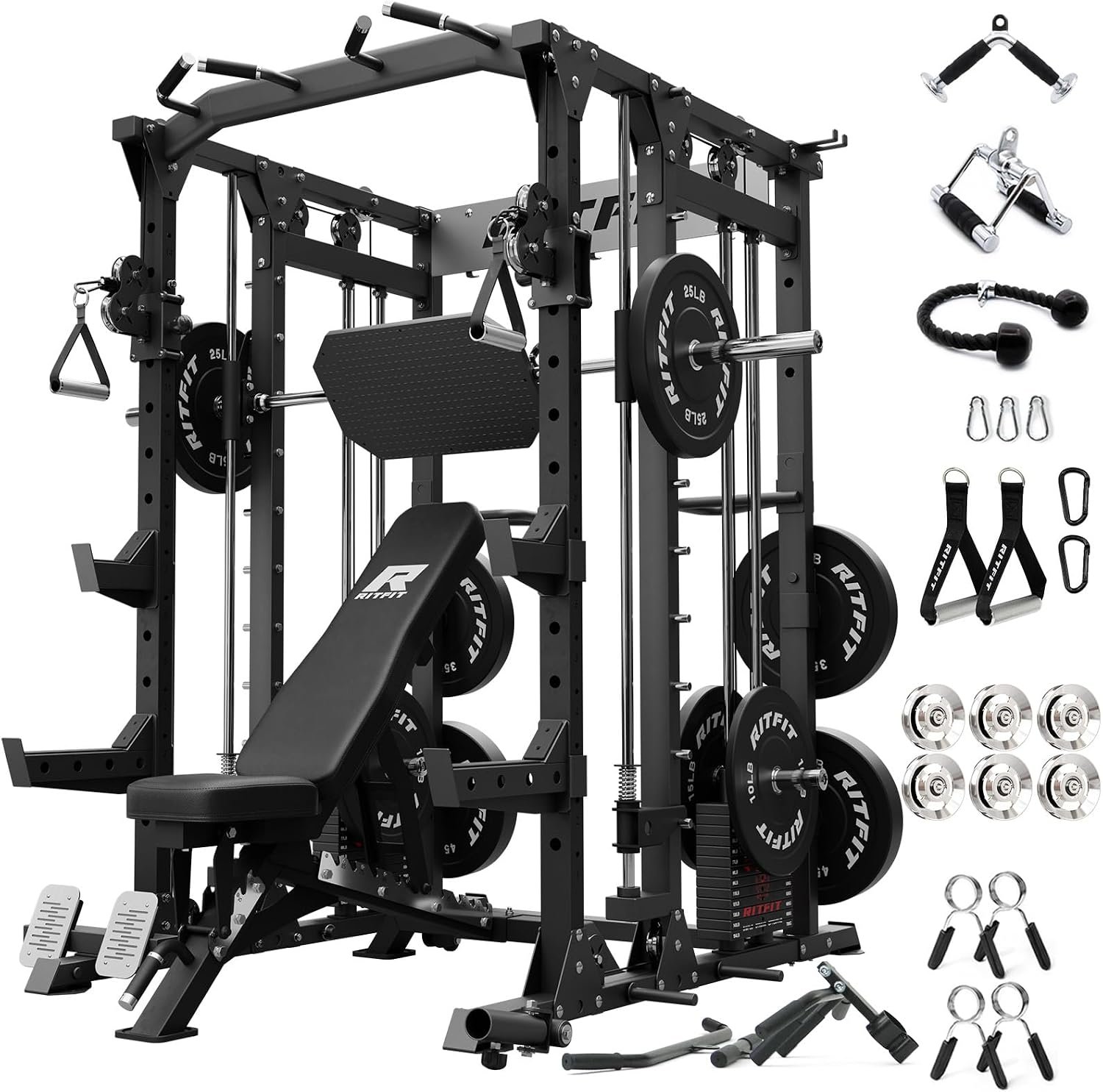 RitFit Buffalo Smith Machine with Steel Weight Stack, Home Gym Power Cage | 2×3 Steel Power Cage, Aluminum Cable Crossover & LAT Pulldown, Selectorized Weight Stack