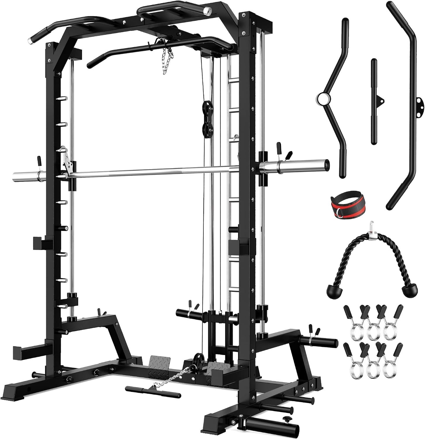 SR01 Smith Machine, 2000LBS Multi-Function Power Cage with LAT Pulldown System, All-in-One Home Gym Squat Rack with Smith Bar and Training Attachments for Full Body Workouts