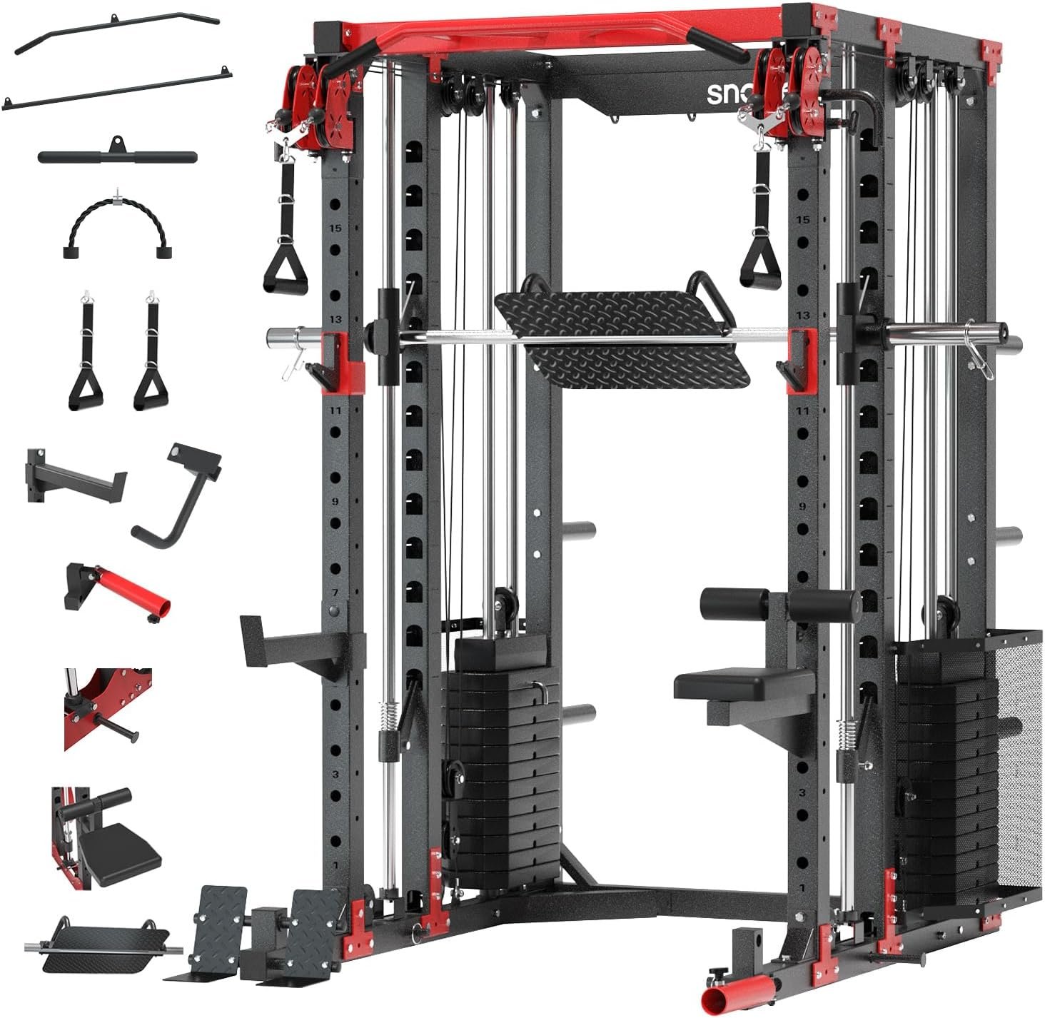 ALL10 Smith Machine for Home Gym, Power Rack with Cable Crossover, Squat Rack with Leg Press and Advanced LAT Pull-Down Seat, 2000LB Weight Capacity