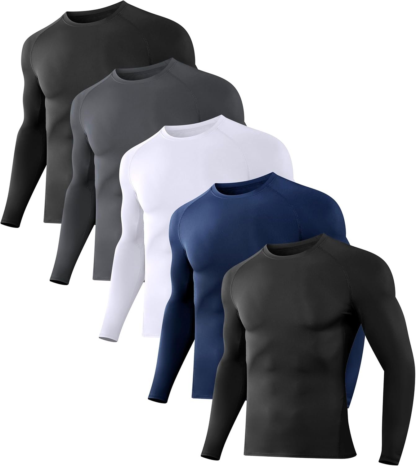 Dalavch 1/5 Pack Men’s Compression Shirts Long Sleeve Athletic Workout Tops | Cool Dry, Rash Guard, Gym, Active, Basketball, Football, Running, Cycling, Swimming, Base Layer Undershirt