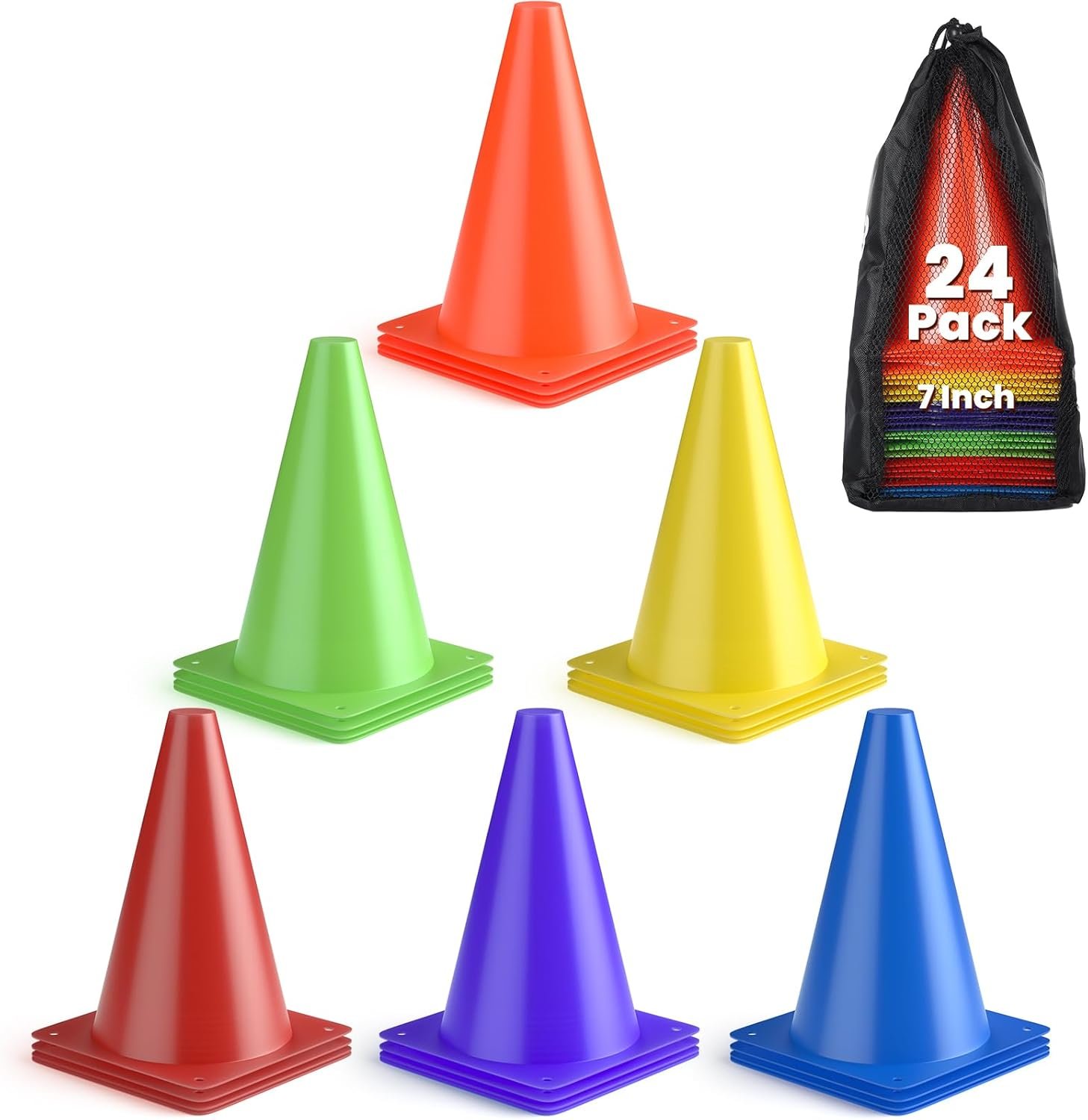 GHB Soccer Cones 7″ 9″ of 12 24 Pack Disc Soccer Sport Cones Training Field Marker Agility Cones for Basketball, Coaching, Practice Equipment Includes Drills Guide