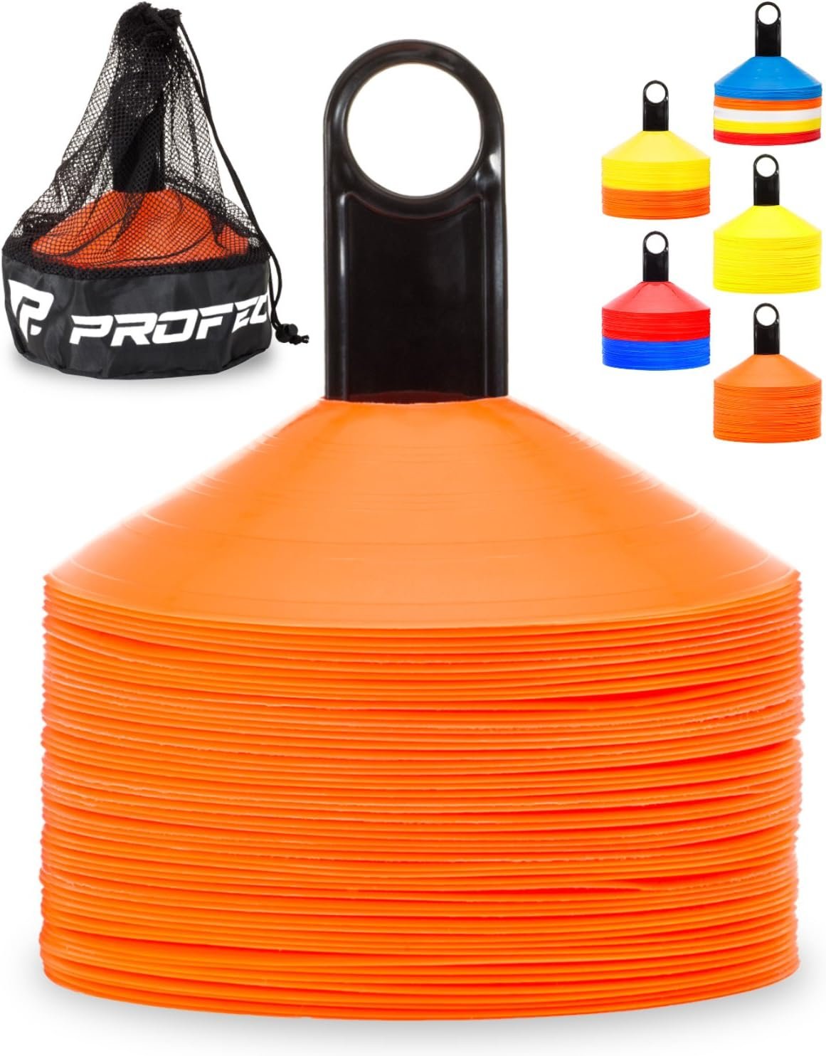 Pro Disc Cones (Set of 50) – Agility Soccer Cones with Carry Bag and Holder for Sports Training, Football, Basketball, Coaching, Practice Equipment, Kids – Includes 15 Best Cone Drills Book