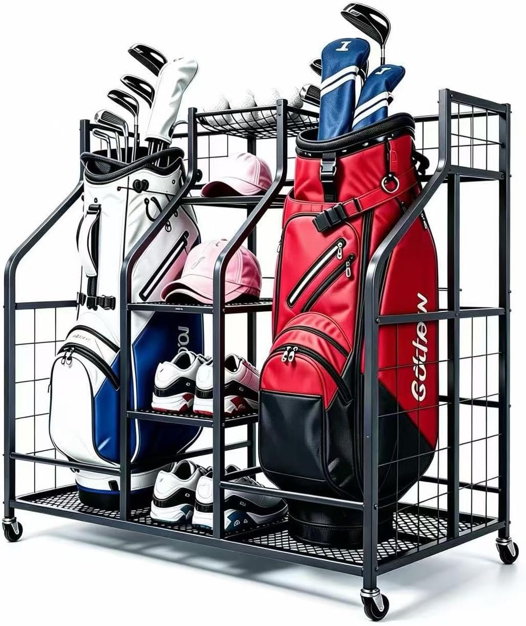 Golf Bag Storage Organizer Stand with Wheels- Heavy Duty Steel Rack Holds 2 Golf Bags with Central Storage Shelf for Golf Balls, Shoes & Accessories, Space Saving Garage Golf Club Equipment Holder