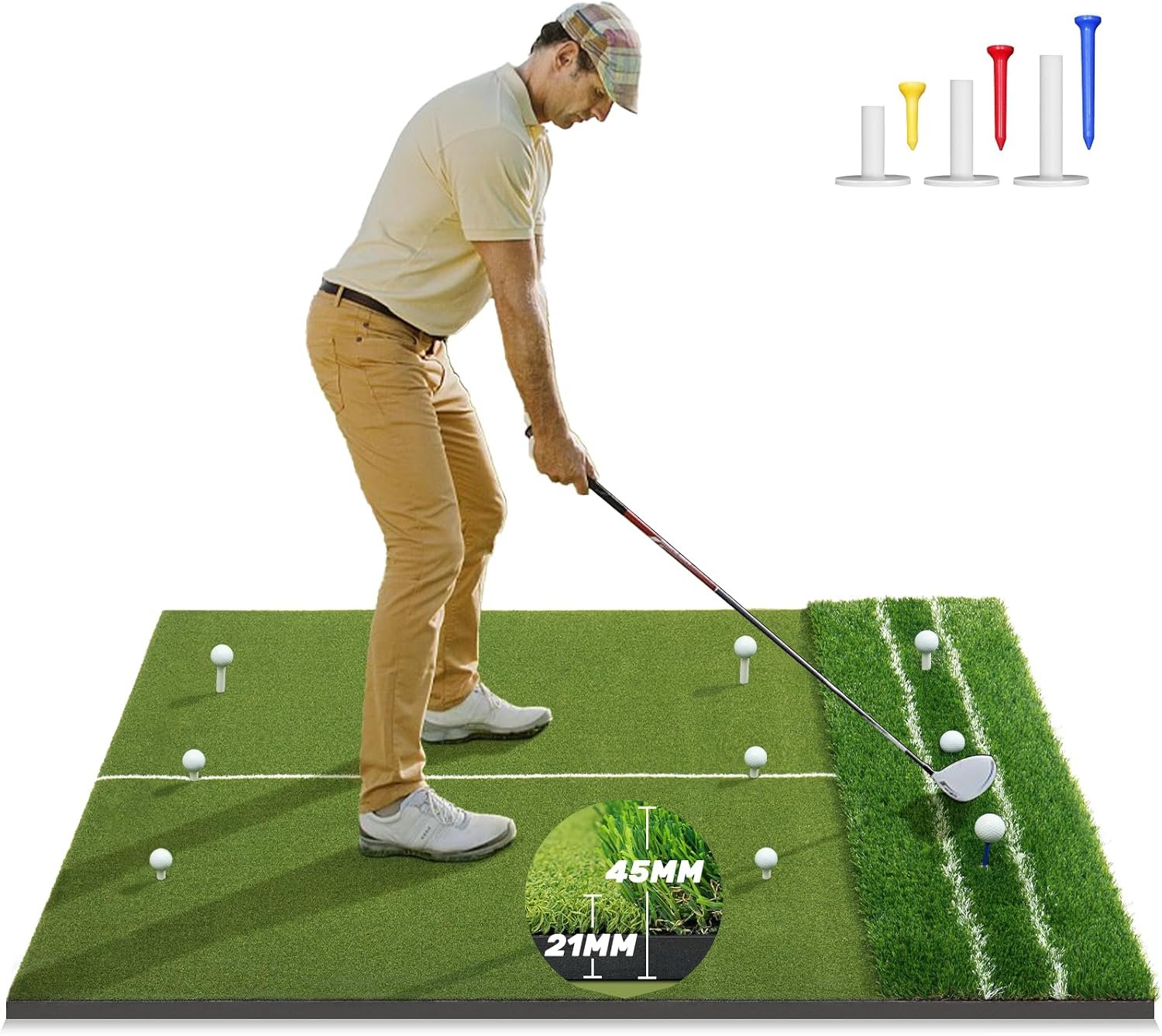 Premium Dual-Turf 5x4ft Golf Mat: 21MM to 50MM High-Elasticity Base Upgraded Golf Hitting Mat, Alignment & Angle of Approach Aid, Indoor/Outdoor Practice, Green,Ideal Gifts for Men Him Dad Husband