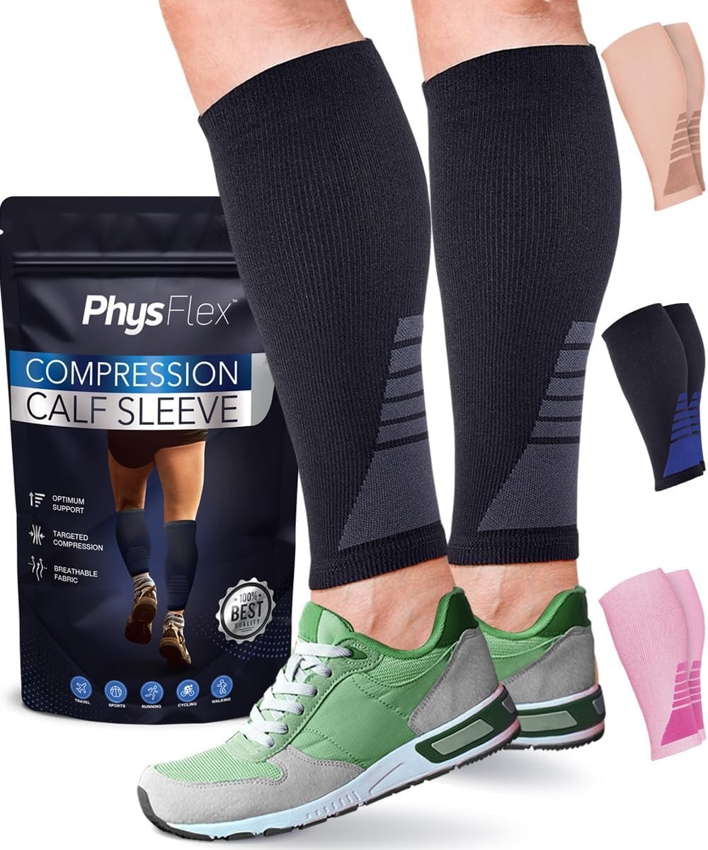 Calf Compression Sleeves for Men and Women – (1 Pair) Footless Compression Socks Support for Varicose Veins, Nursing, Pregnancy, Running – PhysFlex Leg Sleeve Brace for Shin Splints, Pain Relief and Reduces Swelling (Black, Medium)