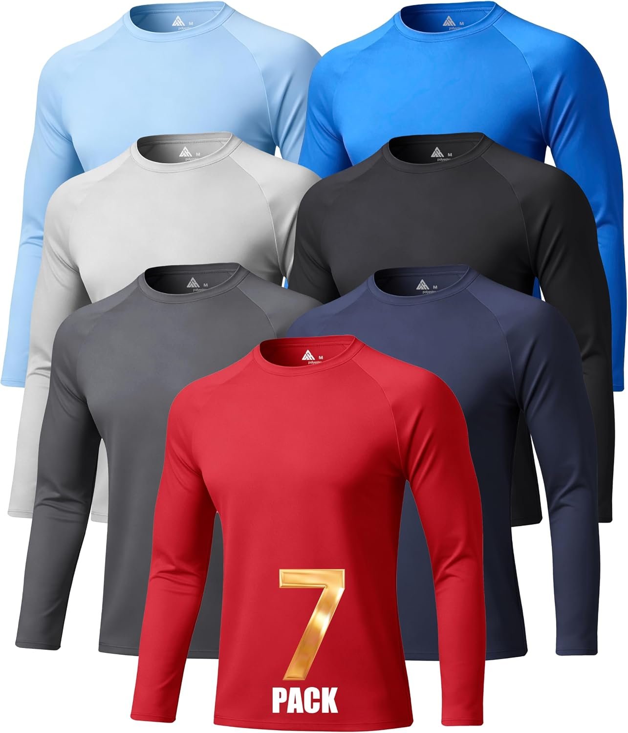 7 Pack Mens UPF 50+ Sun Protection Shirts Long Sleeve Fast Dry Lightweight Rashguard for Running Swimming