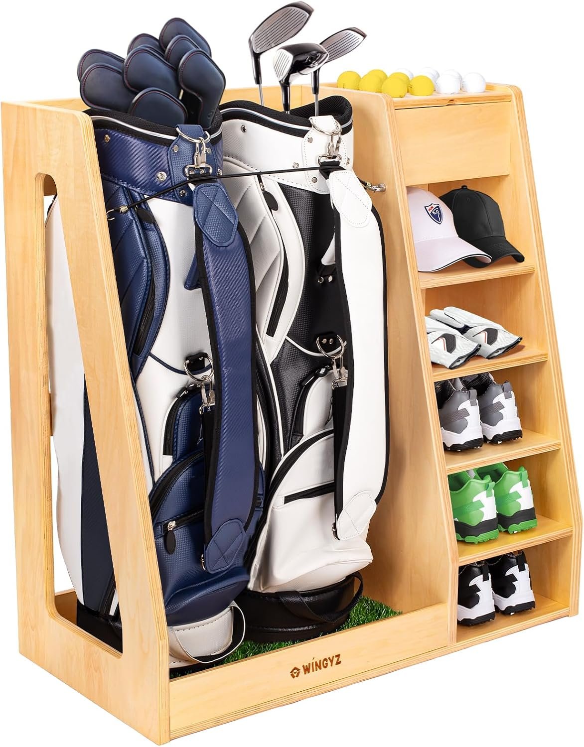 Golf Bag Storage for 2 Bags, Premium Birch Plywood Organizer | 36lb Rock-Solid Golf Bag Organizer, 7-Shelf Command Center, Artificial Turf 12-Ball Display, No Wall Mounting Required, Wood
