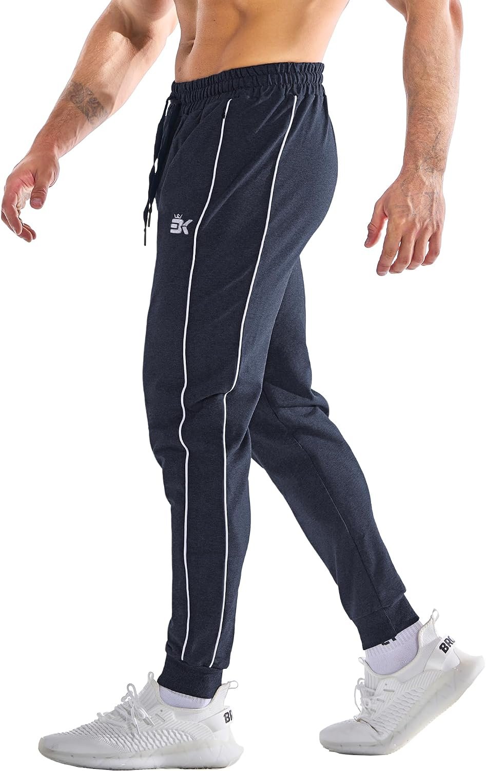 BROKIG Men’s Stripe Gym Joggers Pants, Causal Slim fit Tapered Workout Sweatpants with Zipper Pocket