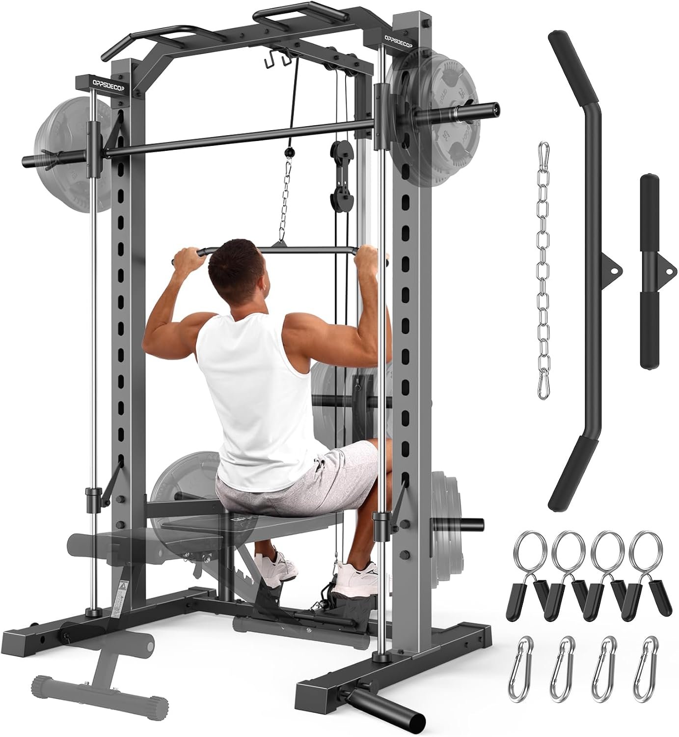 OPPSDECOR All-in-One Smith Machine for Home Gym, 1400LBS Multi-Functional Power Cage Squat Rack with LAT Pulldown System, Cable Machine & Barbell Bar – Strength Training Equipment with Attachments