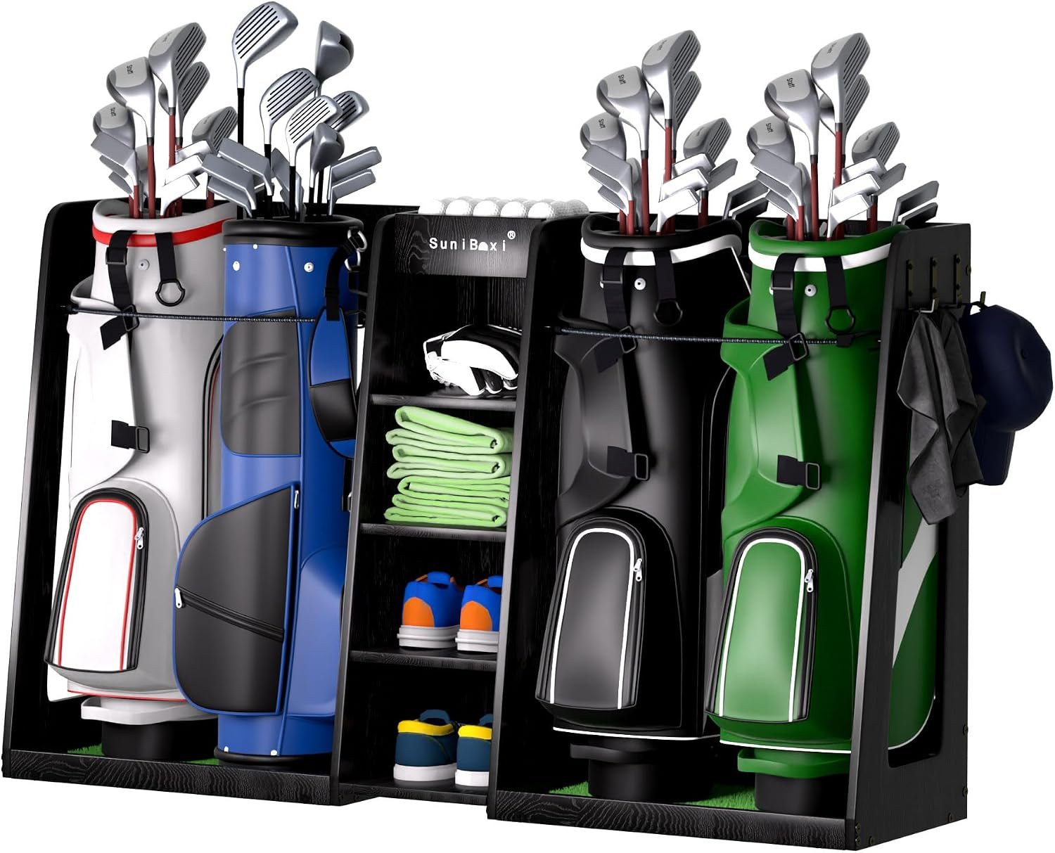 Wooden Golf Bag Organizer for Garage, XL, Dark Black, 4 Bags | Golf Bag Storage Rack for Clubs, Balls & Equipment, Heavy-Duty Golf Bag Holder, Ideal Gift for Golfers, Dad, Husband