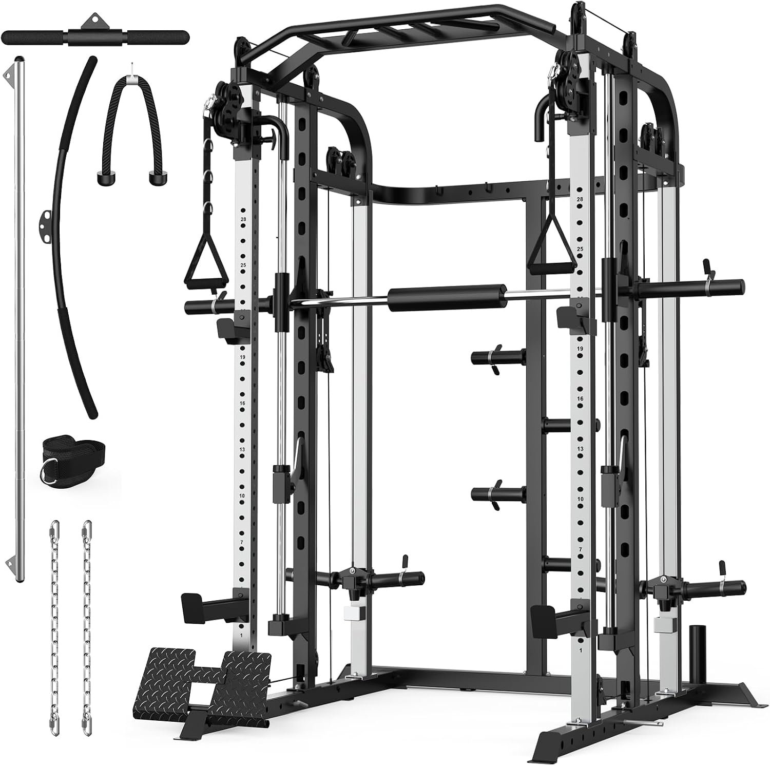 Smith Machine, Multifunctional Power Cage Rack with Smith Bar and Cable Pulley System, and LAT Pull Down Machine for Home Gym…
