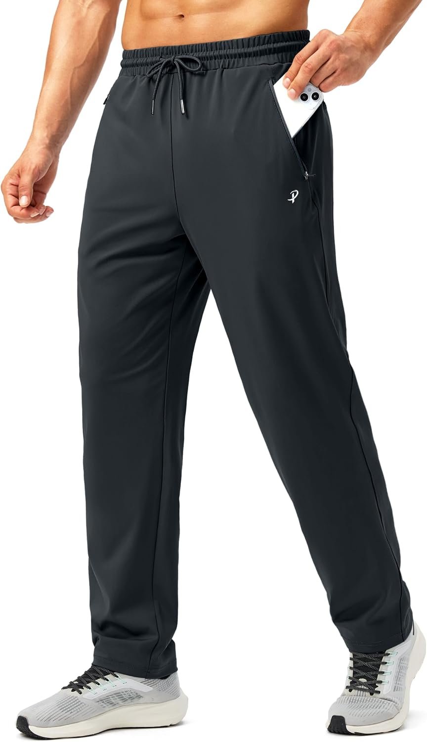 Pudolla Men’s Sweatpants Workout Athletic Pants with Zipper Pockets | Open Bottom, 4-Way Stretch Material, For Running Casual Lounge Wear