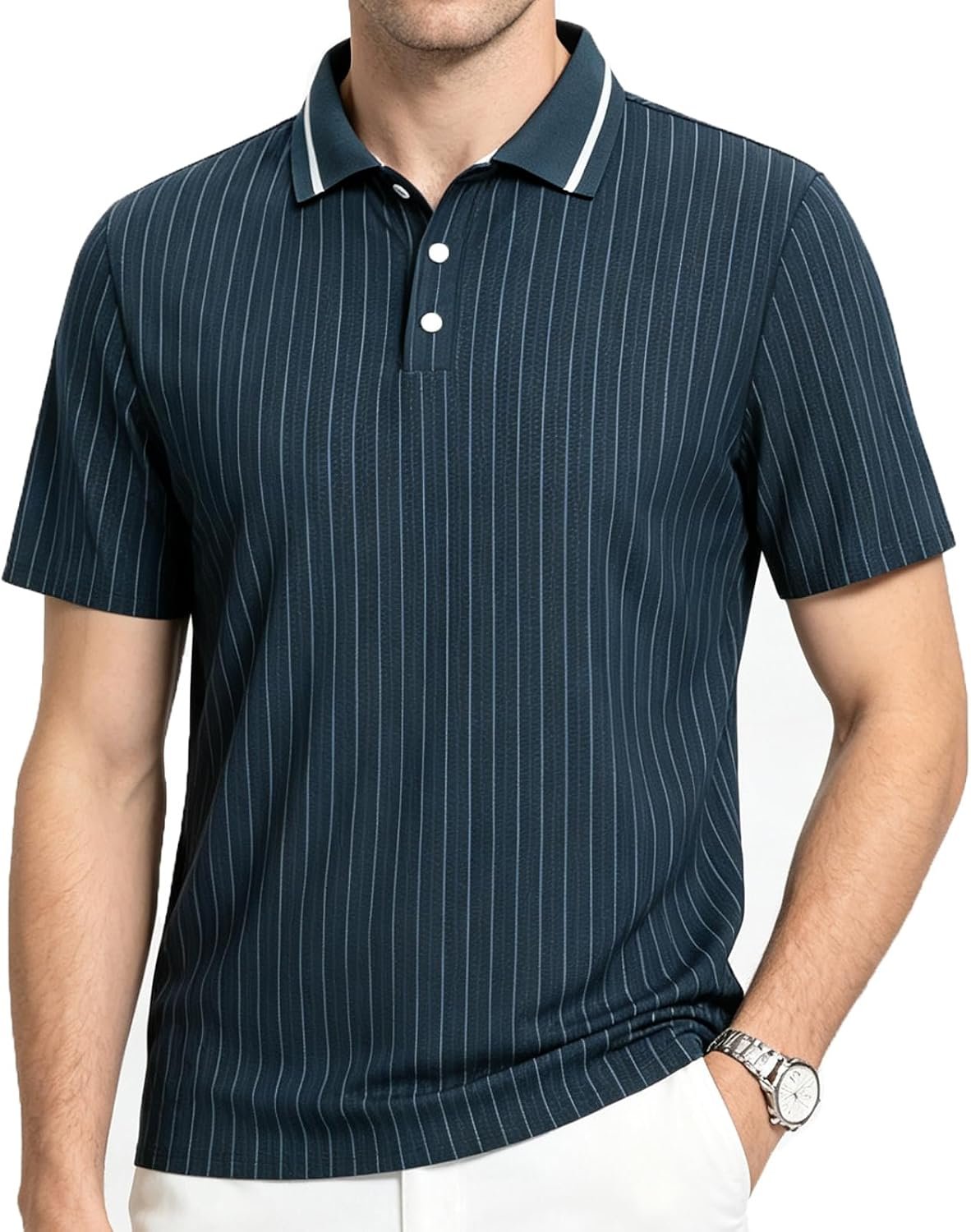 Men’s Striped Polo Shirts, Short Sleeve Performance Golf Shirts | Quick Dry Moisture Wicking Stretch Textured Shirts