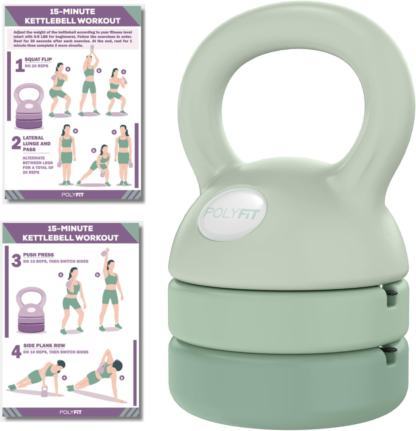 Polyfit Adjustable Kettlebell | 5 lb – 12 lb | Kettlebells Weights Set for Home Gym | Kettle Bell Sets for Women at Home | 3-in-1 adjustable design, 5/8/12 lb settings, non-slip PE coating, compact home gym storage, workout guide included