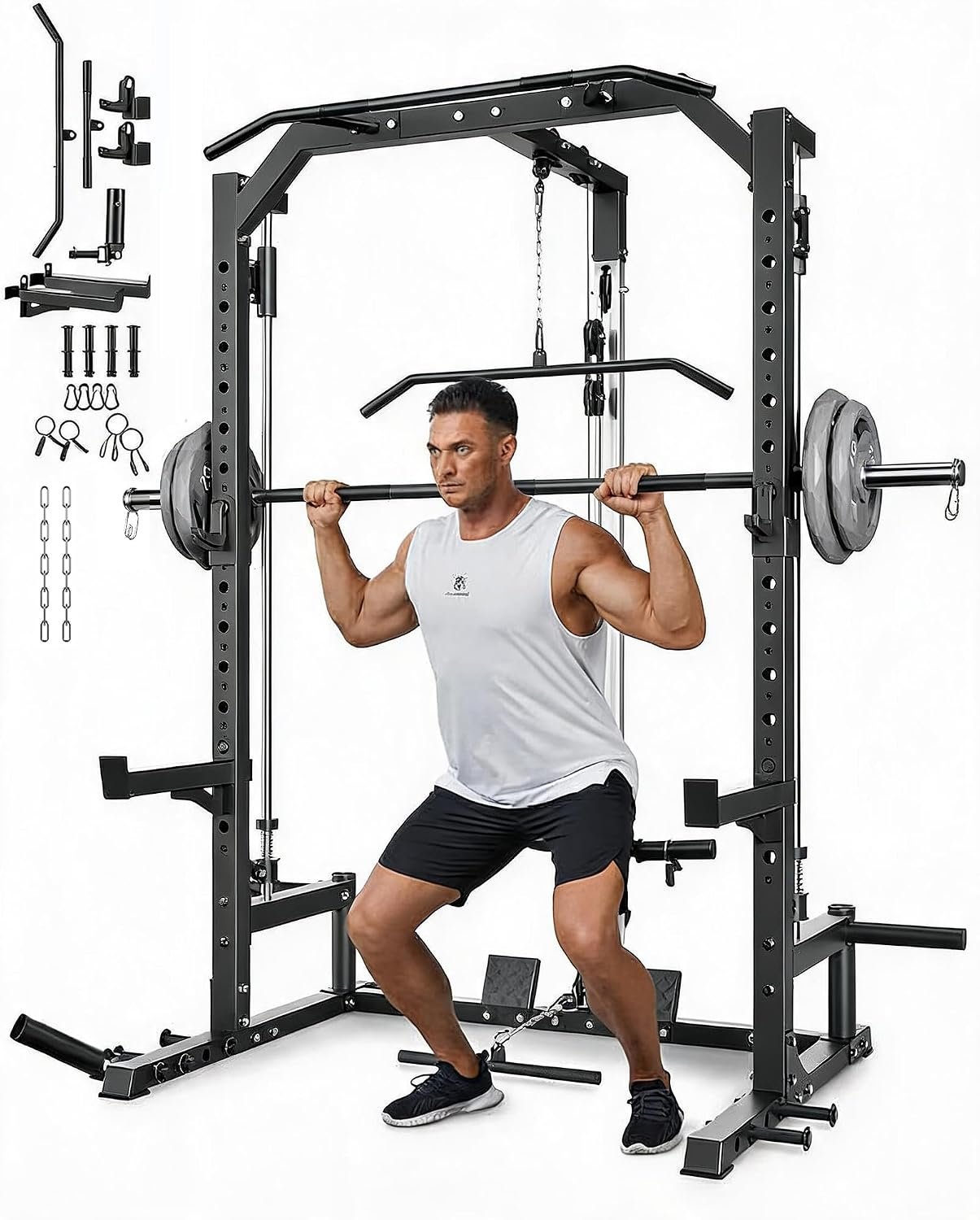 Garvee Smith Machine Home Gym – Multi-Functional Squat Power Rack with Barbell Bar, Cable System, LAT Pulldown, Safety Spotter Arms, J Hooks, Landmine – Strength Training Equipment for Home | With Barbell Bar, Cable System, LAT Pulldown, Safety Spotter Arms, J Hooks, Landmine – Strength Training Equipment for Home