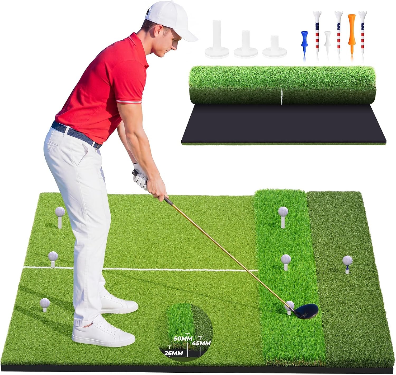 5x4ft & 6x4ft Extra Large Golf Hitting Mat, 26mm Thick Tri-Turf Golf Practice Mat for Indoor Outdoor Training, 3-in-1 Professional Golf Turf for Driving, Chipping & Swinging, Gifts for Him Men Women