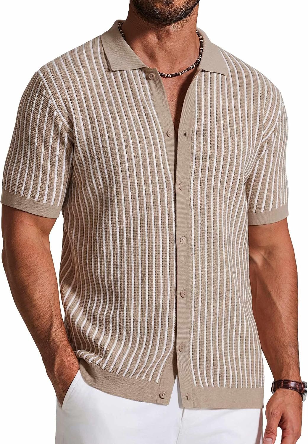COOFANDY Mens Knit Button Down Shirts Short Sleeve Polo Shirt Vintage Striped Casual Shirts