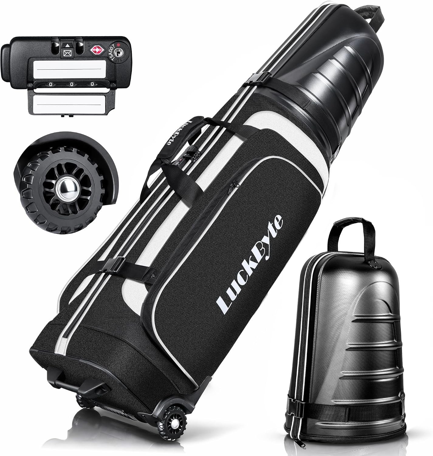 Golf Travel Bag for Airlines, Hard Shell Top Golf Travel Case with Wheels, Heavy Duty 1680D Oxford Fabric, Reinforced Base, Oversized Tank Wheels, Built-in TSA Lock, Water-Resistant Zippers