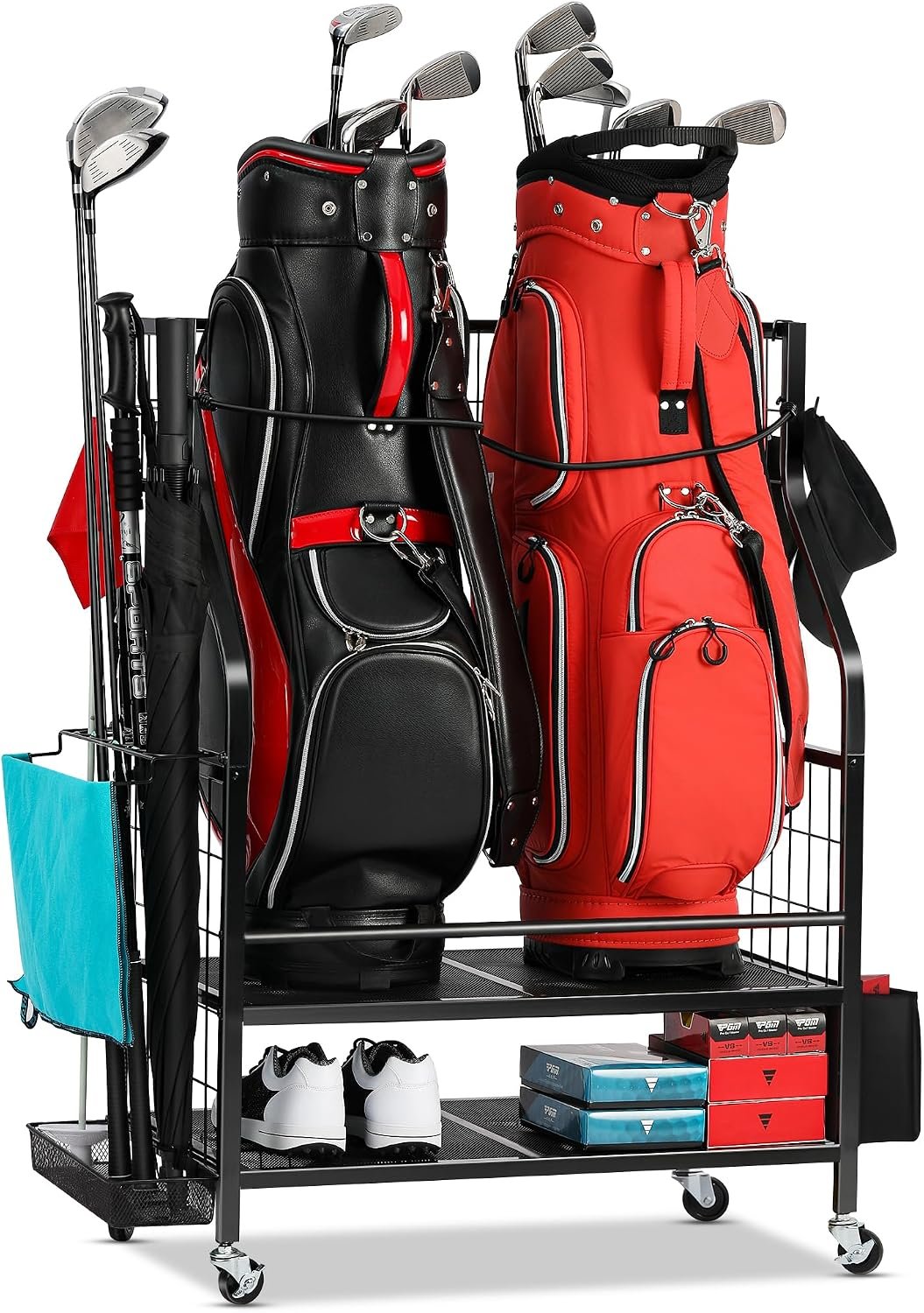 FHXZH Golf Bags Storage Garage Organizer – Golf Bag Stand for 2 Bag | Holder Extra Clubs, Balls, Shoes, Golf Equipment Accessories, With Wheels, Rolling Storage Rack For Garage, Home, Shed