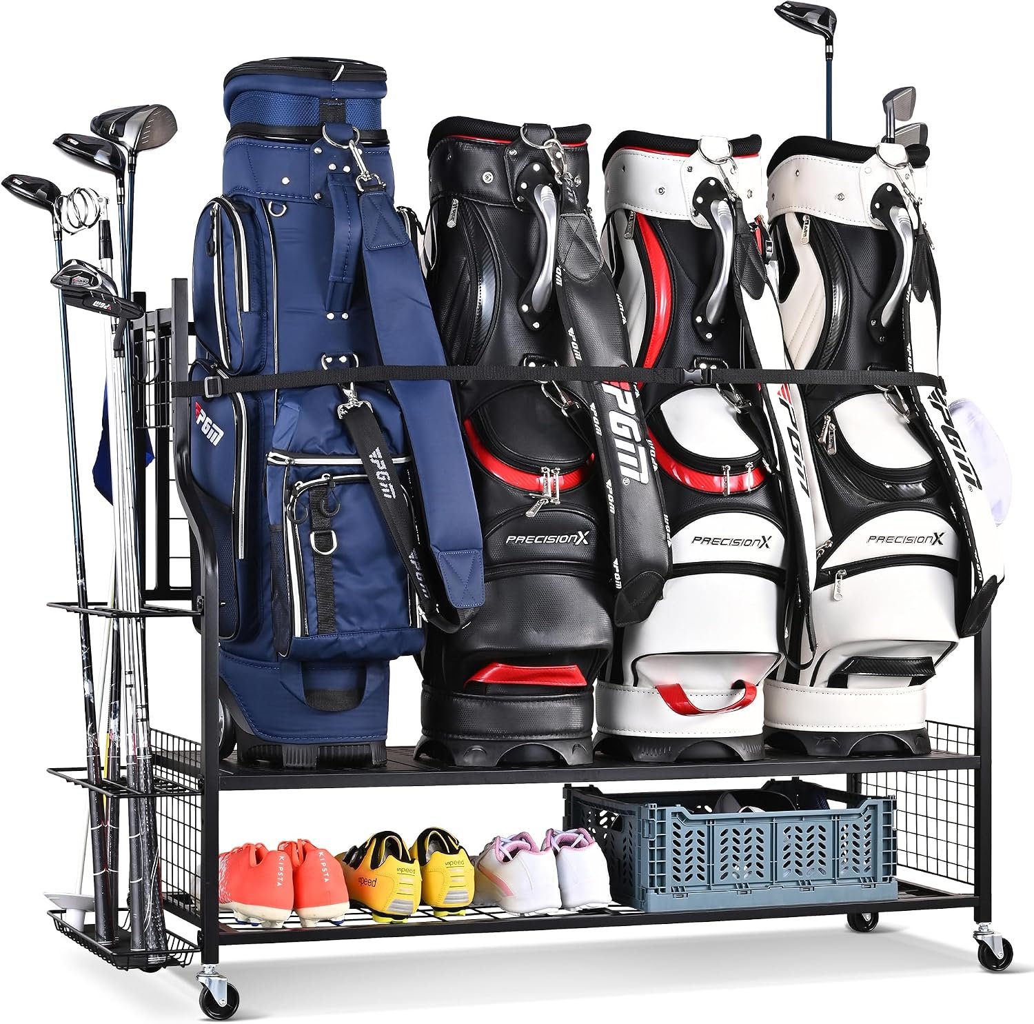 Mythinglogic 4-Bag Golf Storage Organizer with Club and Shoe Storage | Metal organizer stores golf bags, clubs, shoes, balls and accessories together for organized garage or simulator room storage