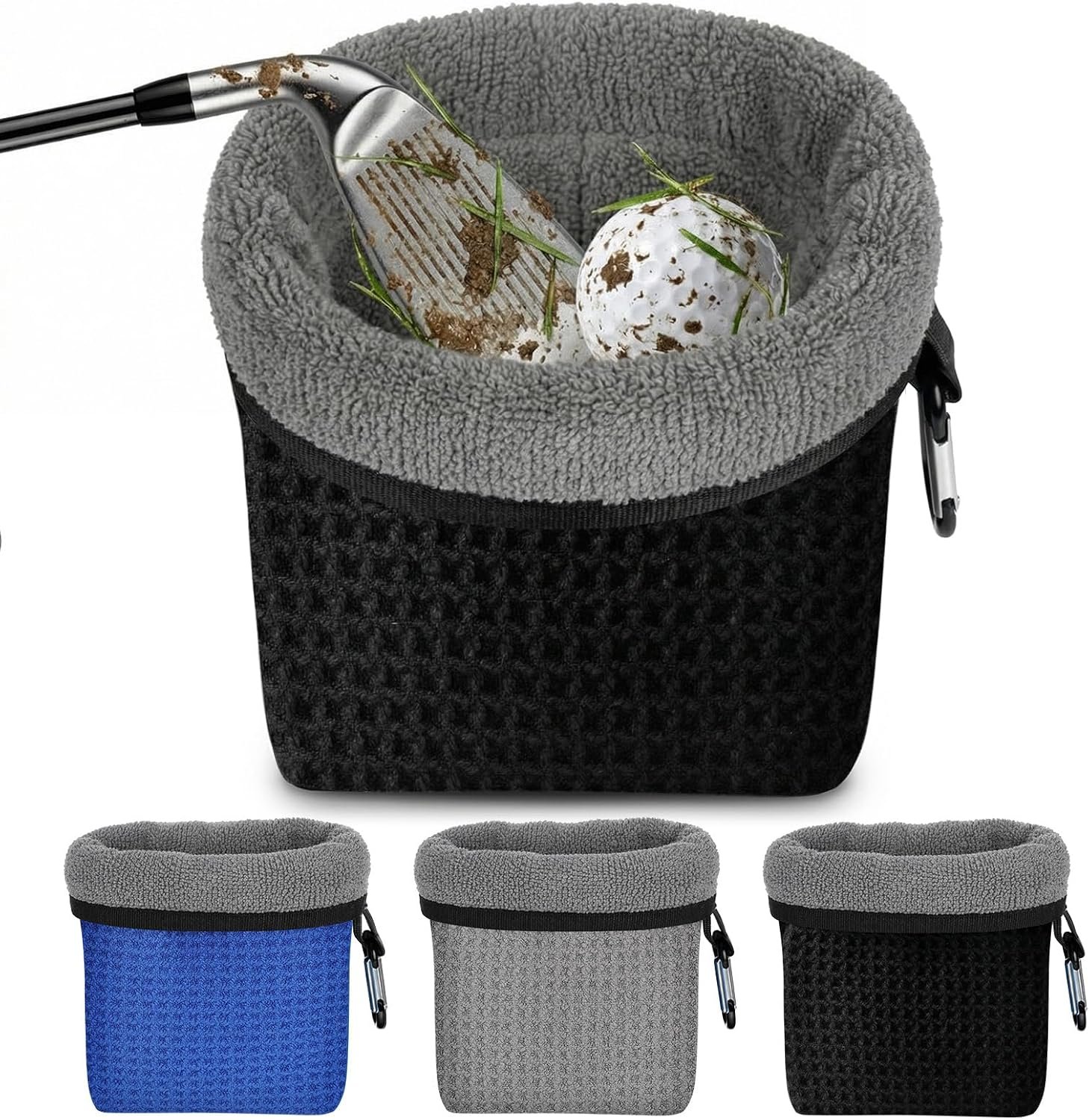 Outus 3 Pack Golf Club and Golf Ball Cleaning Bag Washer Cloth Exterior Absorbent Towel Liner Machine Washable Cleans Club Grooves Dry Exterior Clip for Golfer (Waffle Grid Cloth)