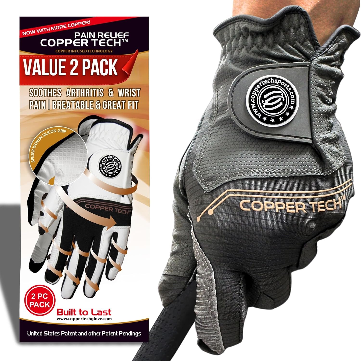 Copper Tech Men’s Golf Gloves (2 Packs) – Joint Support for Golfers with Copper Compression-Comfort & Joint- Friendly – Golf Gloves Men