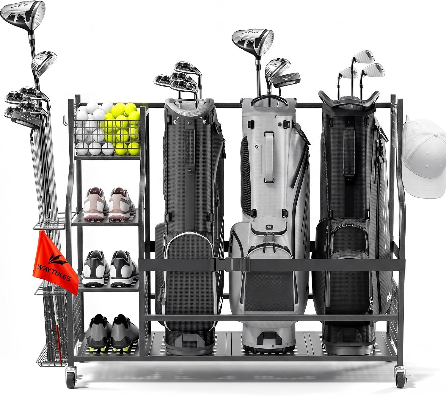 Golf Bag Storage Rack for Garage, Heavy Duty Golf Organizer with 3-Tier Storage Shelf, Golf Club Stand Holder for 2-3 Bags, Balls, Shoes & Accessories, Metal Golf Equipment Storage Organizer
