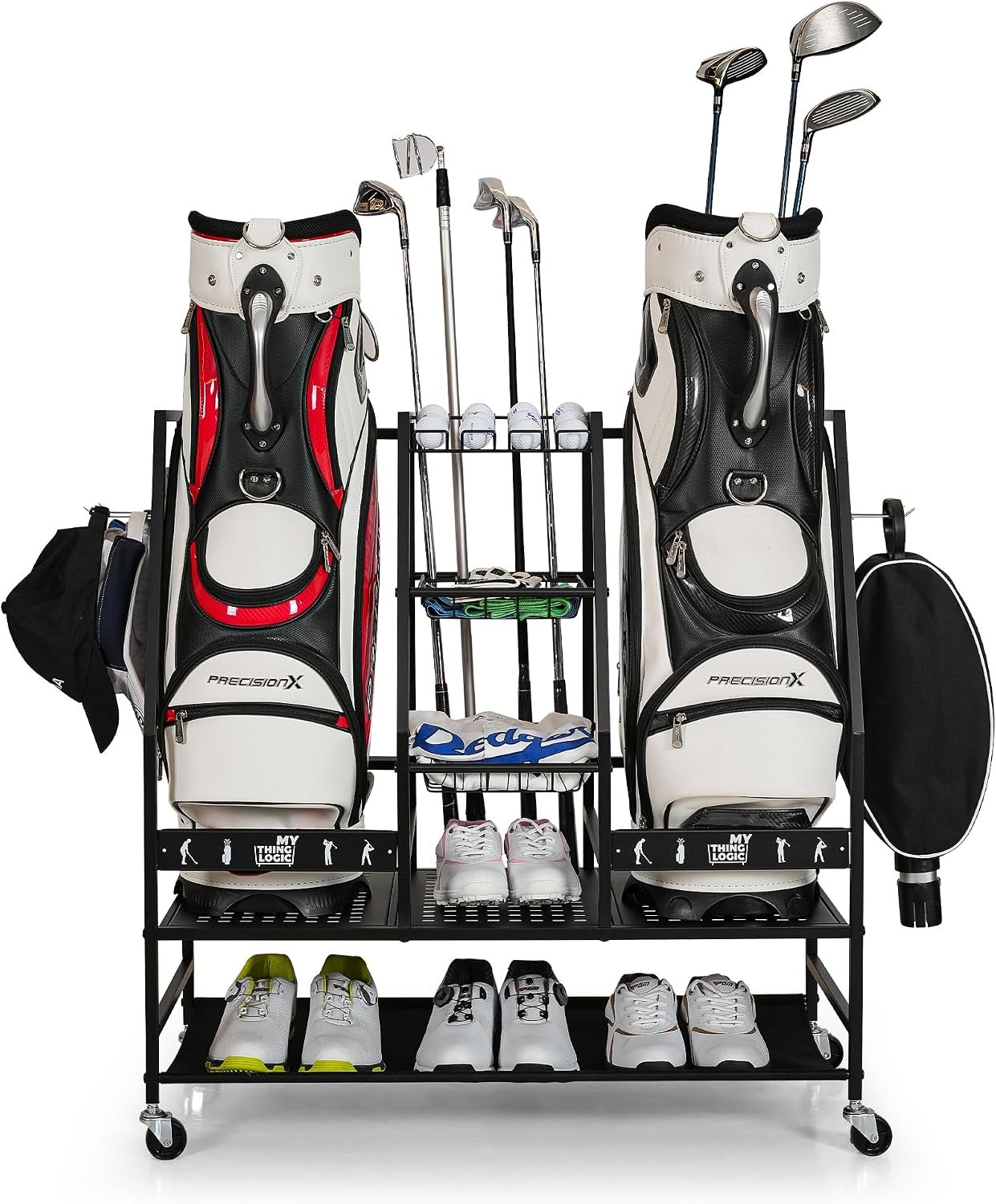 Mythinglogic 2-Bag Golf Storage Organizer with Golf Club and Shoe Storage | Metal organizer stores golf bags, clubs, shoes, balls and accessories together for organized garage or simulator room storage